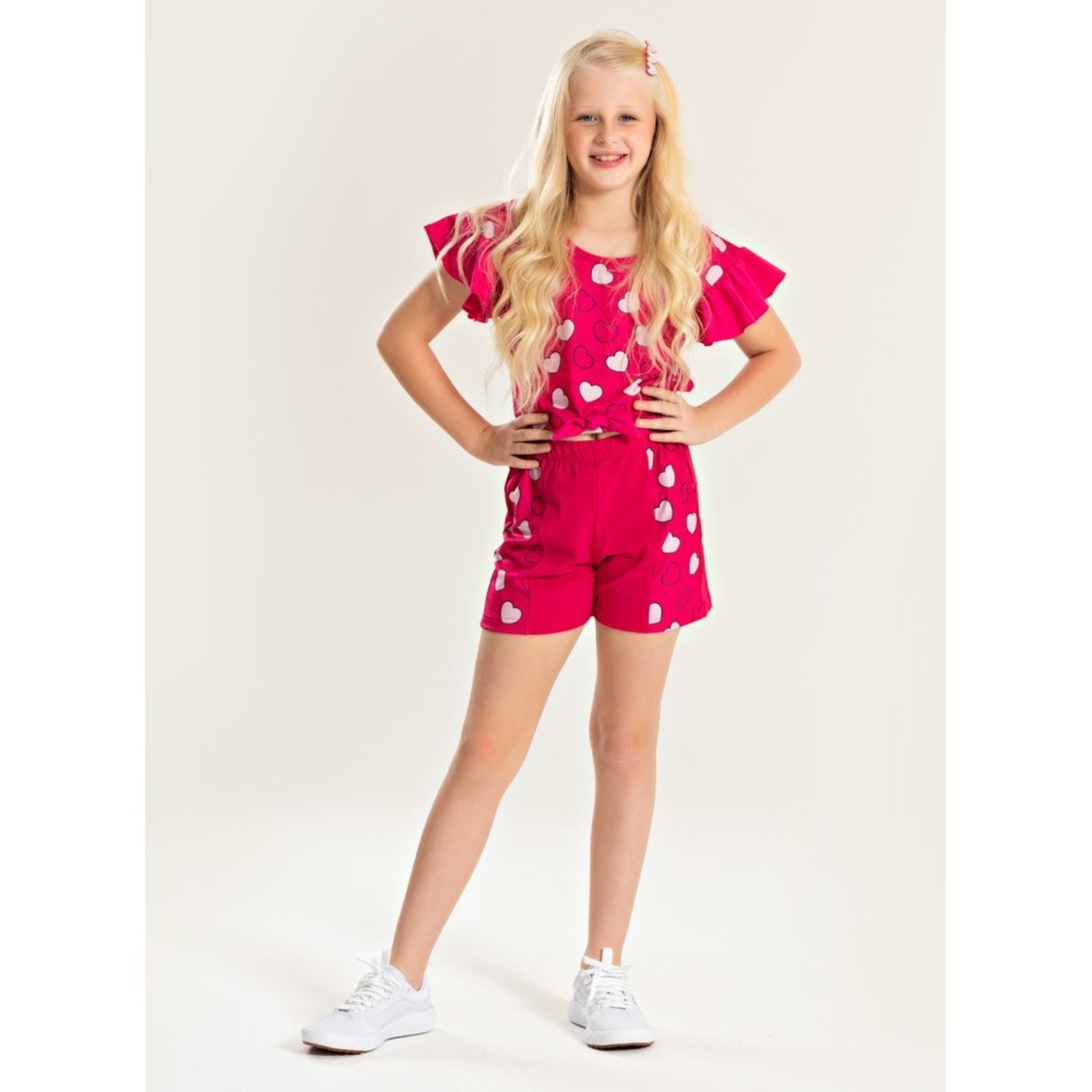 Infantil – Conjunto Verão Menina Pink Cropped Com Amarração e Shorts Com Recorte Corações