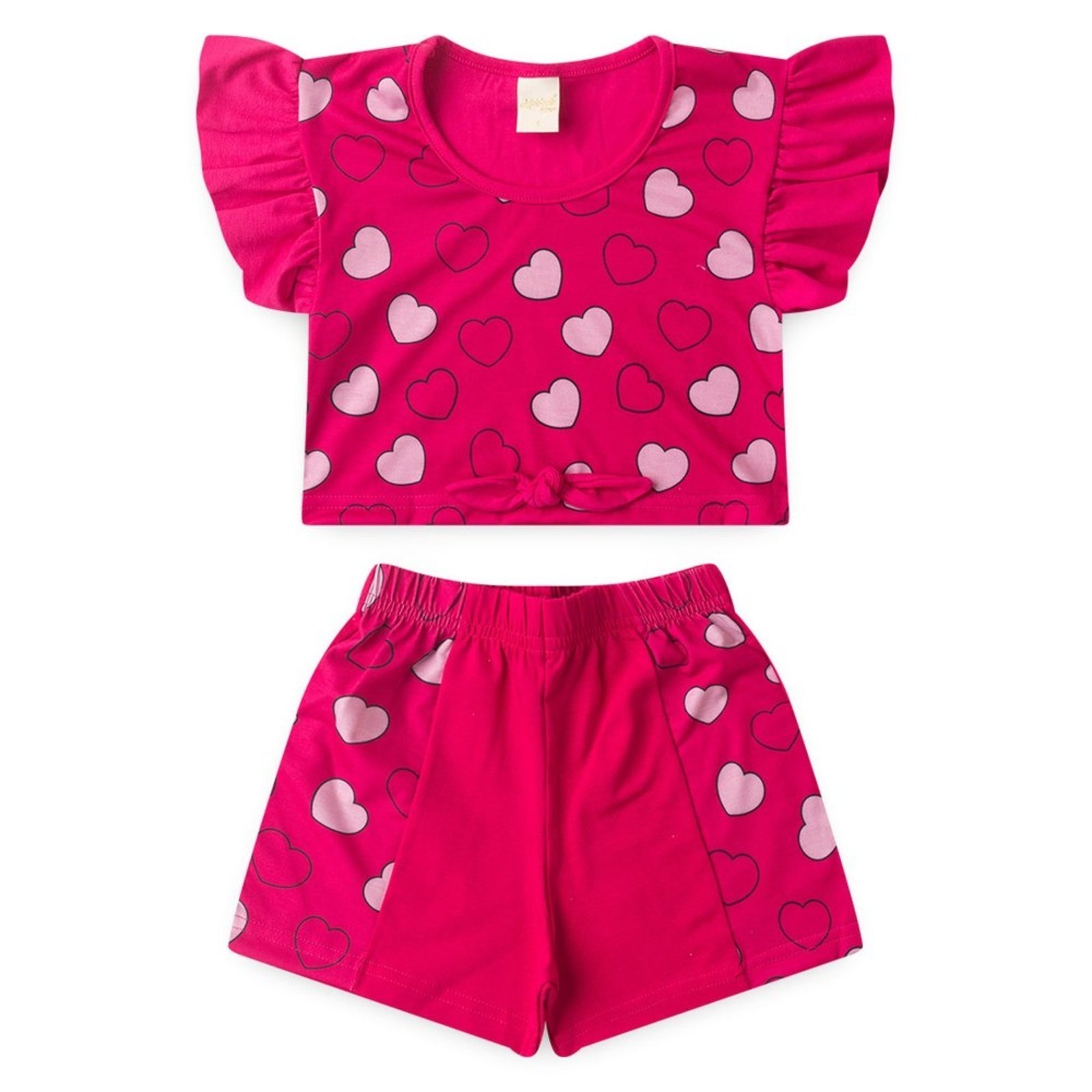 Vista 3 Infantil - Conjunto Verão Menina Pink Cropped Com Amarração e Shorts Com Recorte Corações Molekada rosa pink Molekada rosa pink