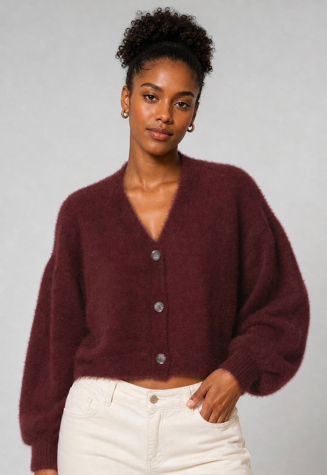 Cardigan Feminino FARM Cropped Decote V Vinho