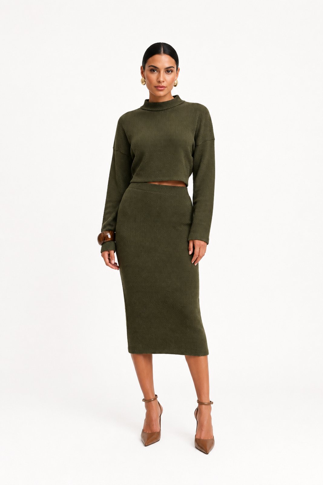 Conjunto Feminino D Bell Outlet Fashion Cropped e Saia Verde Musgo