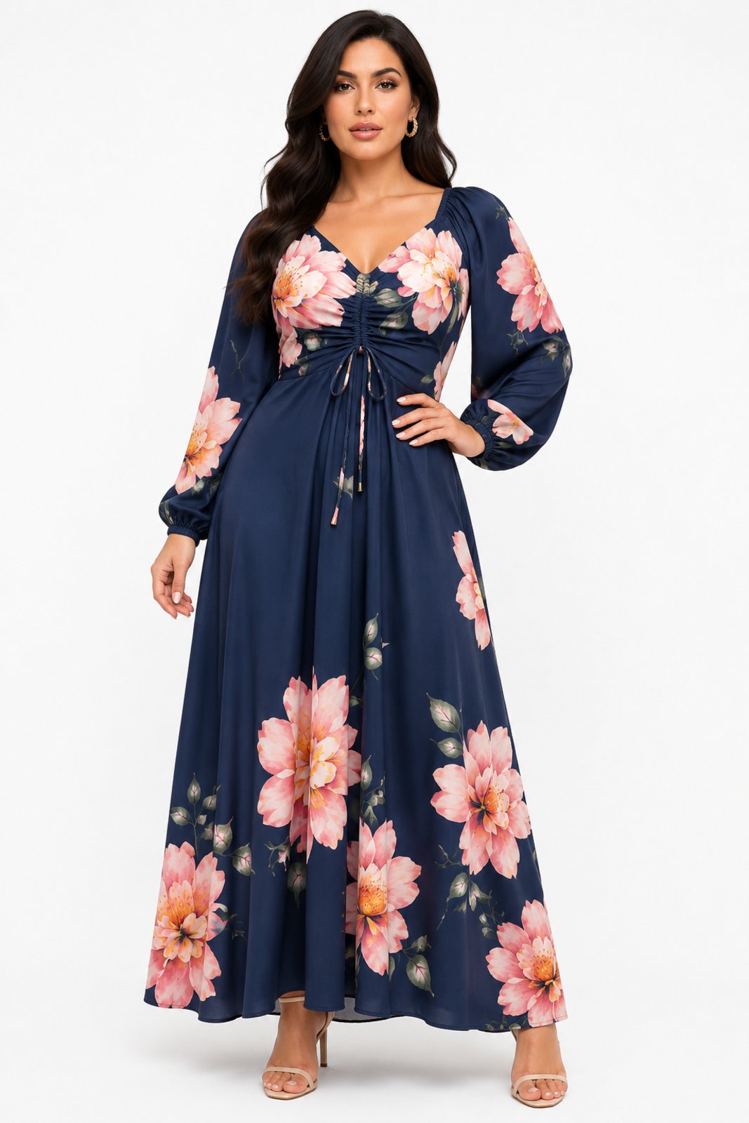 Vestido Longo D Bell Outlet Fashion Manga Longa Floral Azul Marinho
