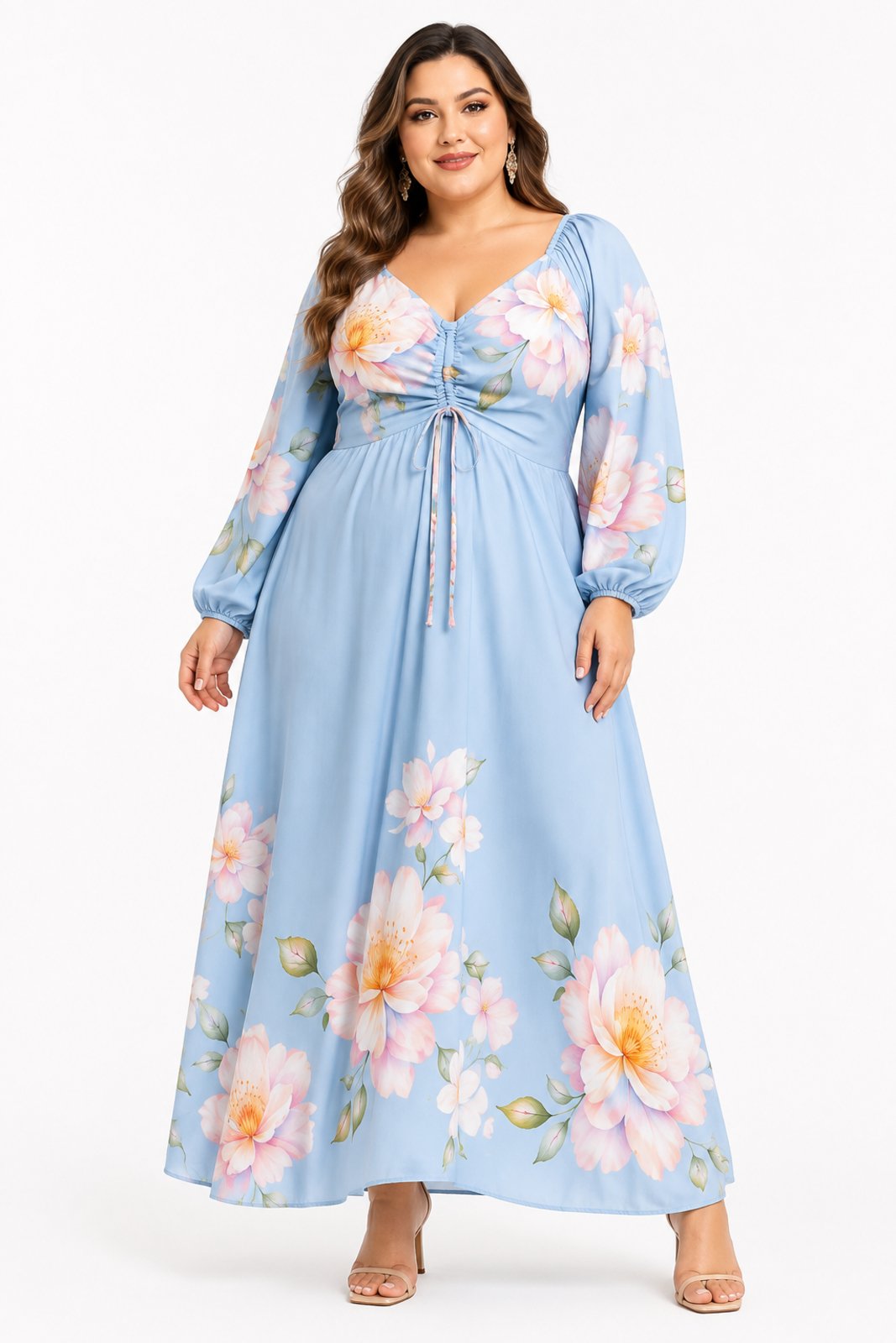 Vestido Longo D Bell Outlet Fashion Plus Size Manga Longa Floral Azul Claro