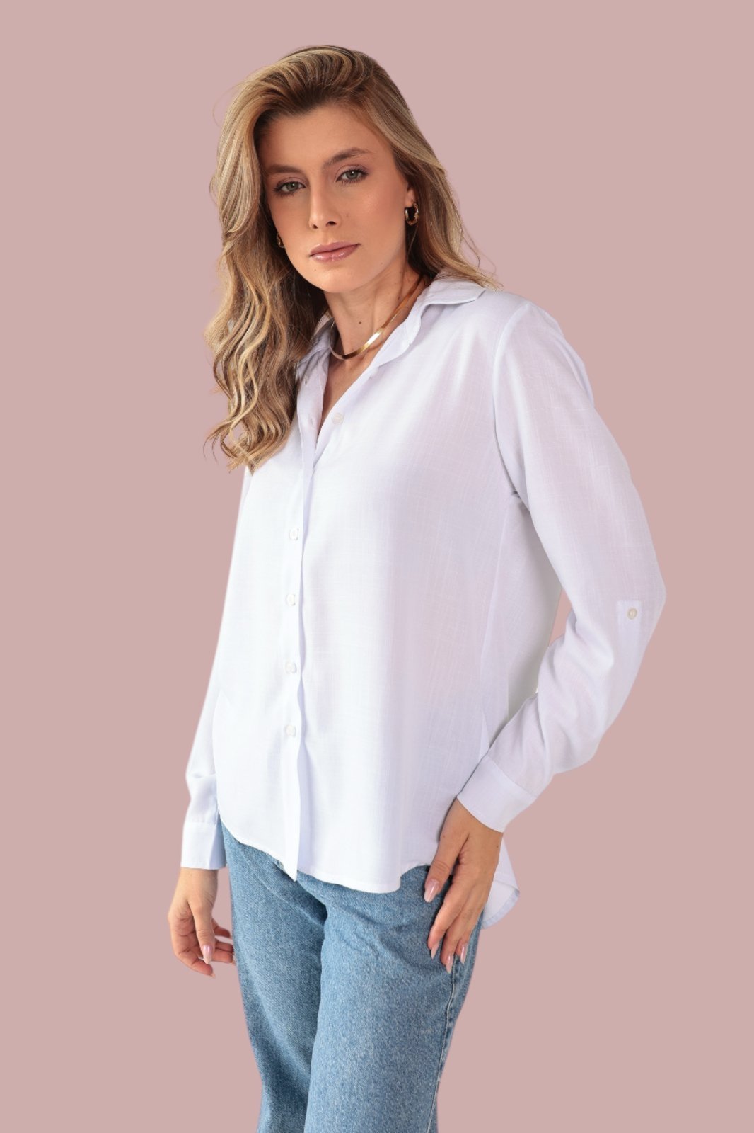 Camisa Feminina Ícone Fashion Oversized Gola Tradicional Branca