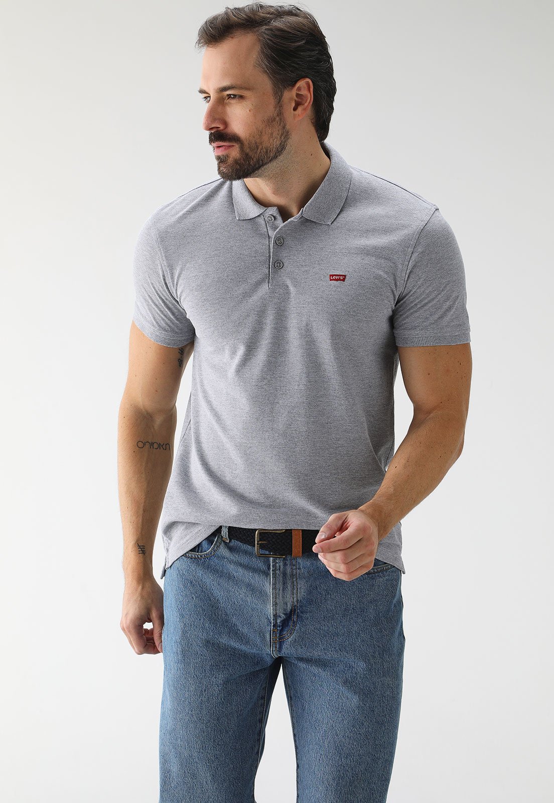 Camisa Polo Levis Slim Logo Cinza