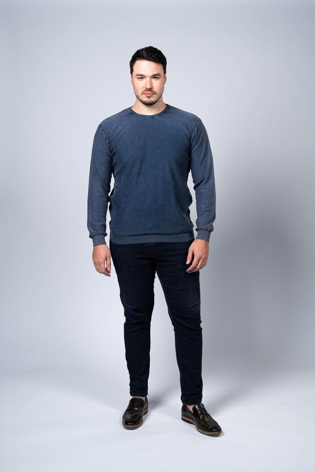 Blusa Fina Tricô Algodão Liso Azul Estonado