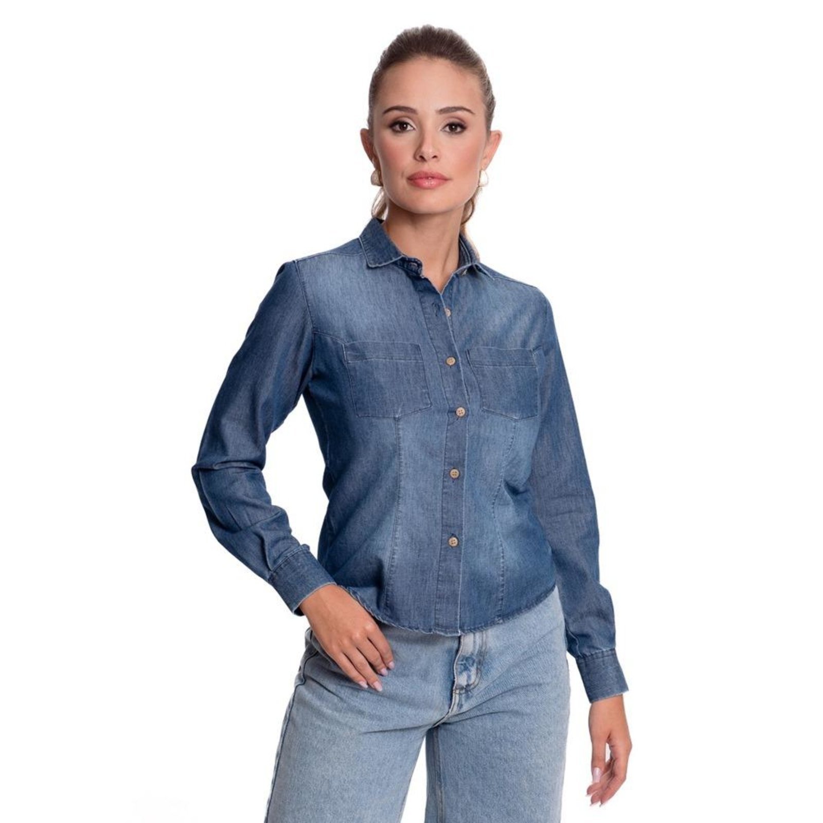 Vista 2 Camisa Social Feminina Jeans Manga Longa Moderna Teodoro Claro TEODORO CAMISARIA azul TEODORO CAMISARIA azul