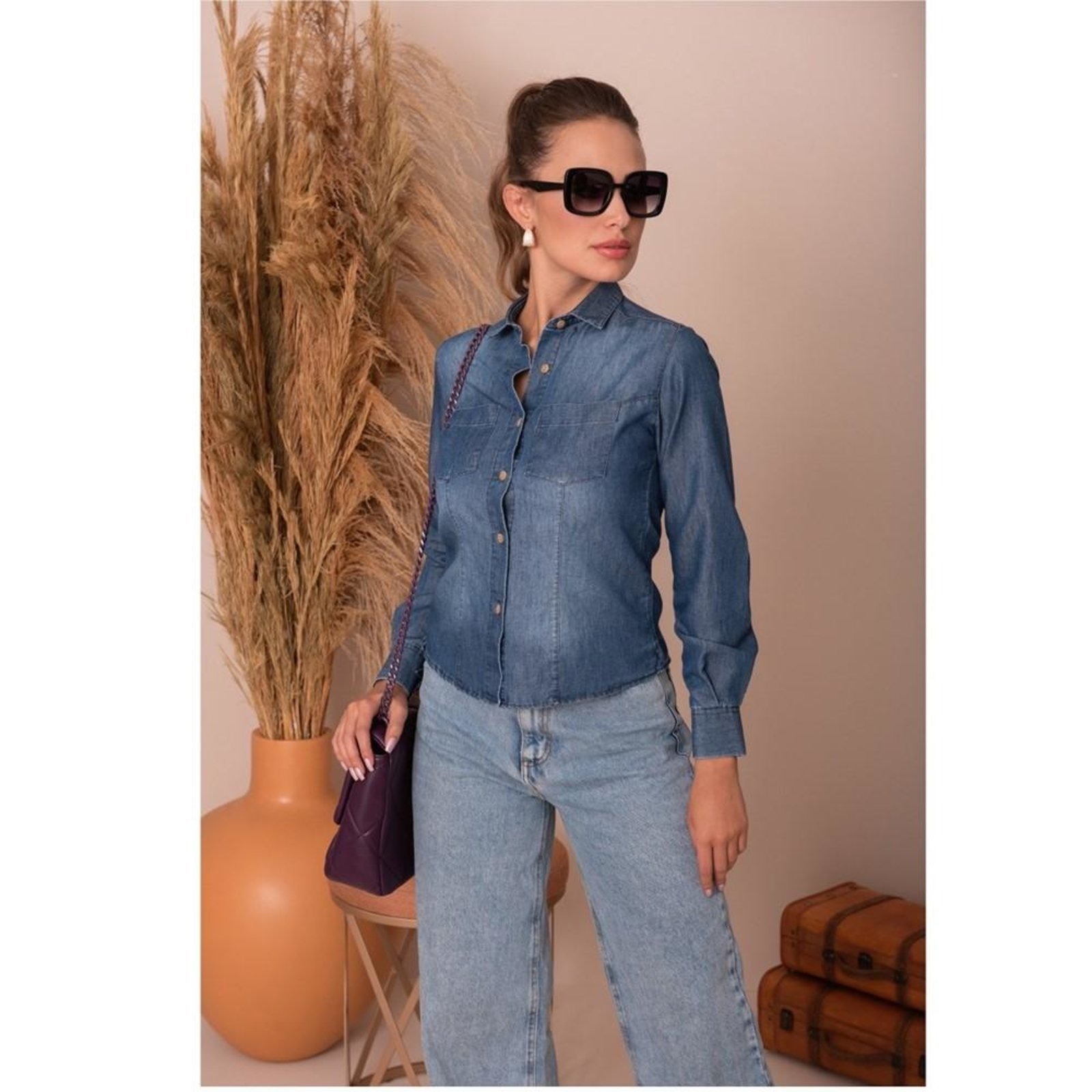 Vista 3 Camisa Social Feminina Jeans Manga Longa Moderna Teodoro Claro TEODORO CAMISARIA azul TEODORO CAMISARIA azul