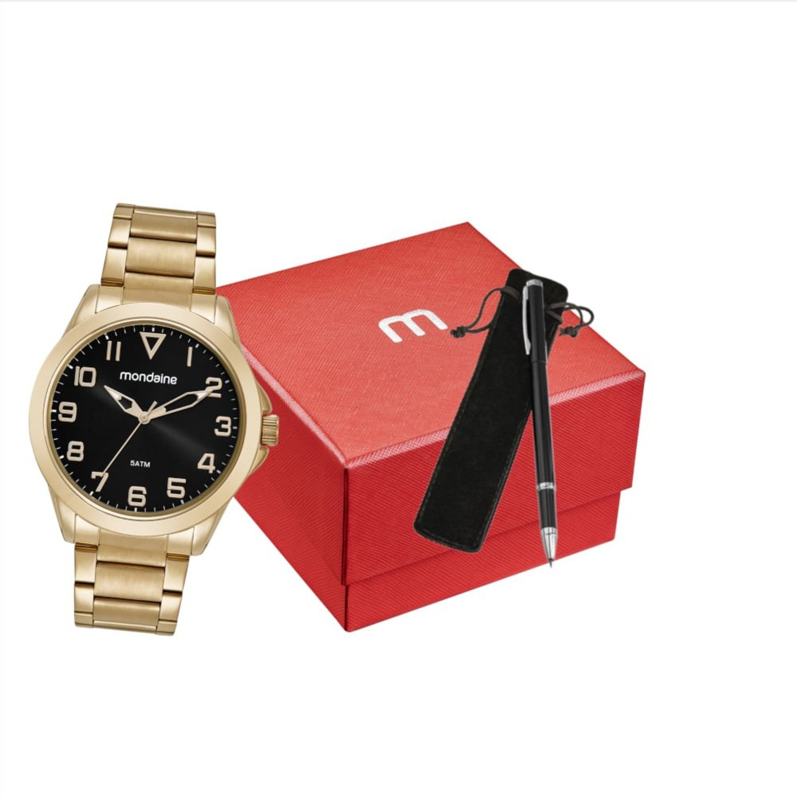 Kit Relógio Masculino Dourado com Caneta Mondaine