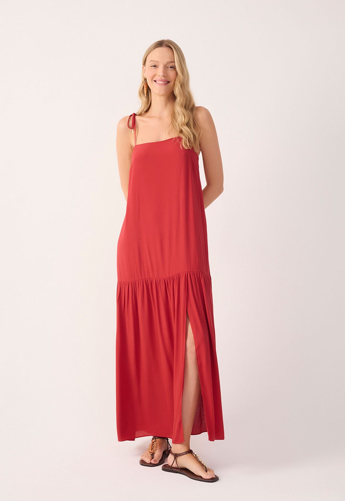 Vestido Longo Feminino Dress To Fenda Alça Ajustável Vermelho