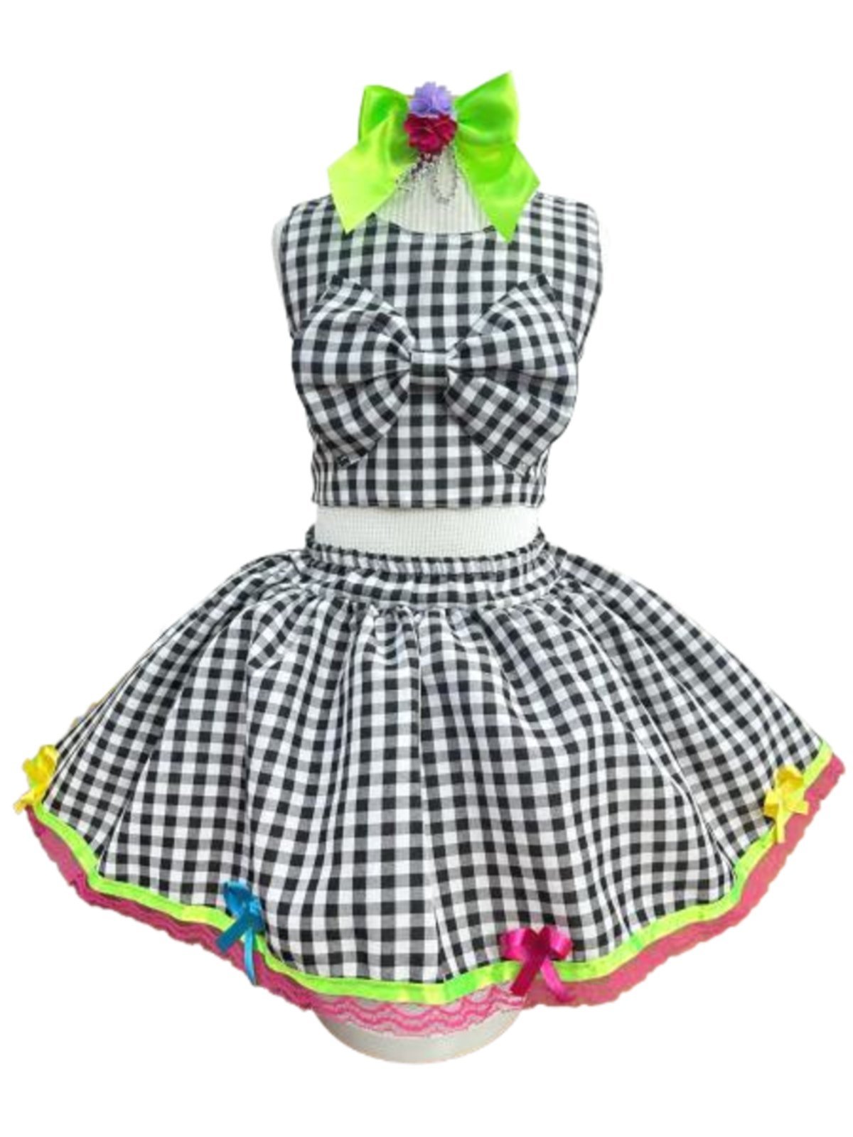 Infantil - Conjunto Xadrez Junino Preto e Branco Cropped Saia Festa Junina Caipira Quadrilha Sinhá