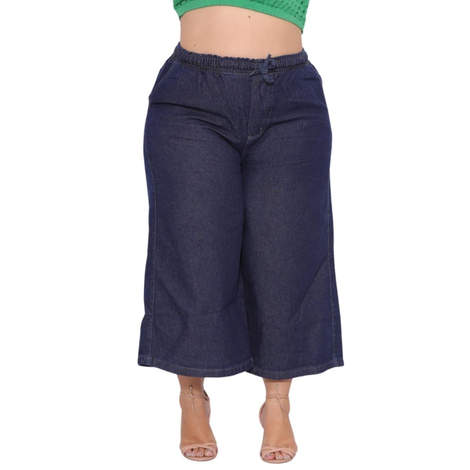 Calça Capri Pantacurt Feminina Plus Size Jeans Azulão com Elástico na Cintura 46 Ao 60