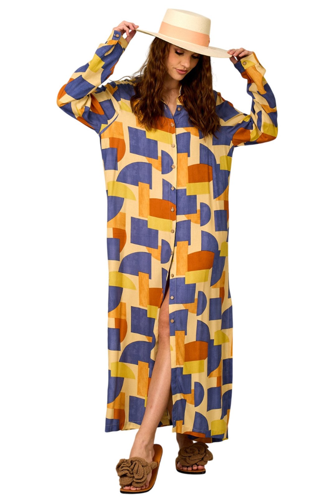 Chemise Longa Ampla Estampa Geométrica Yacamim P4 – Estampado