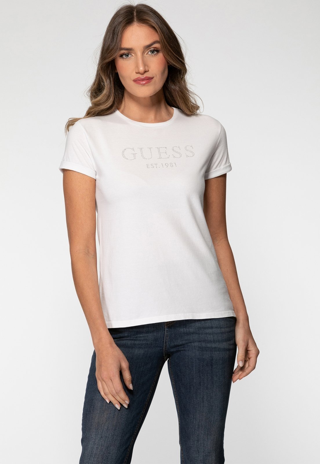 Camiseta Guess Manga Dobrada Hotfix Branco