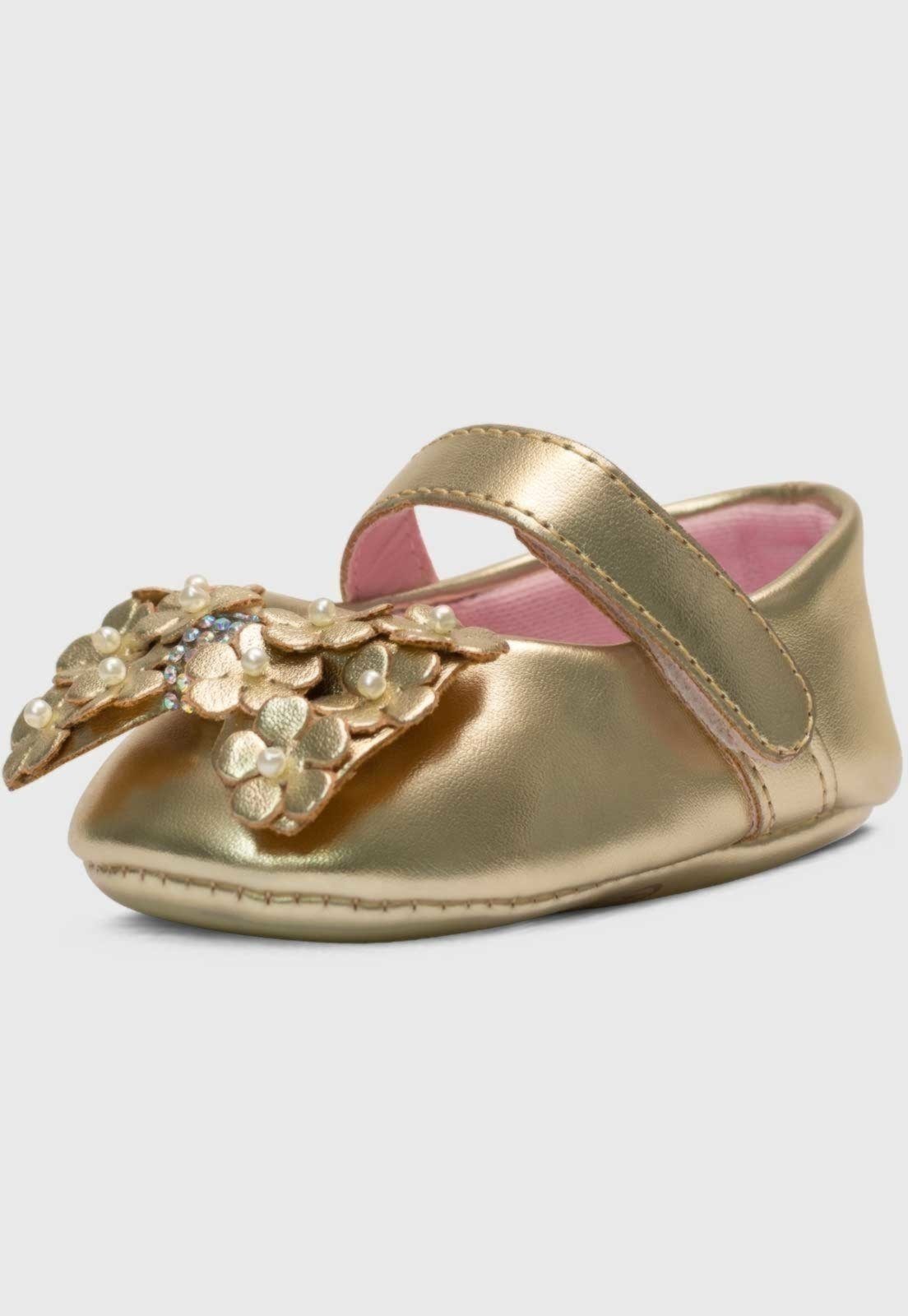 Infantil - Sapatinho Pópidi Menina Sapatilha Laço Flores Dourado