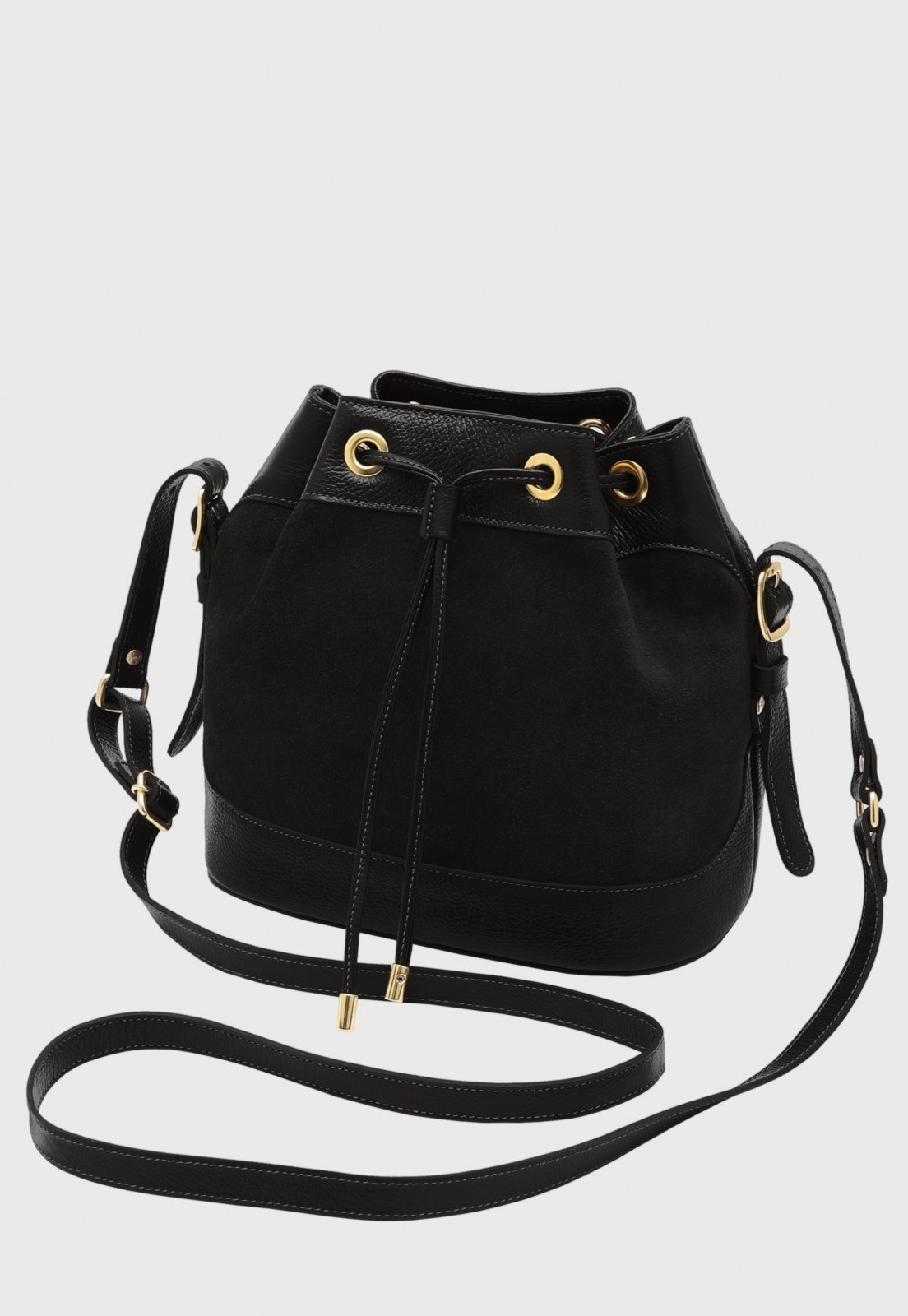Bolsa Bucket Transversal Couro Mariart Chia Preta Suede