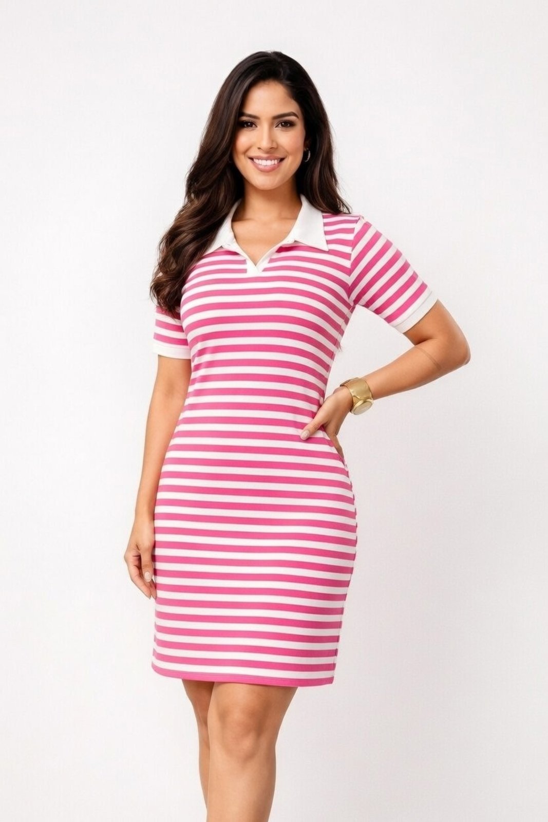Vestido Curto D Bell Outlet Fashion Gola Polo Listrado Rosa
