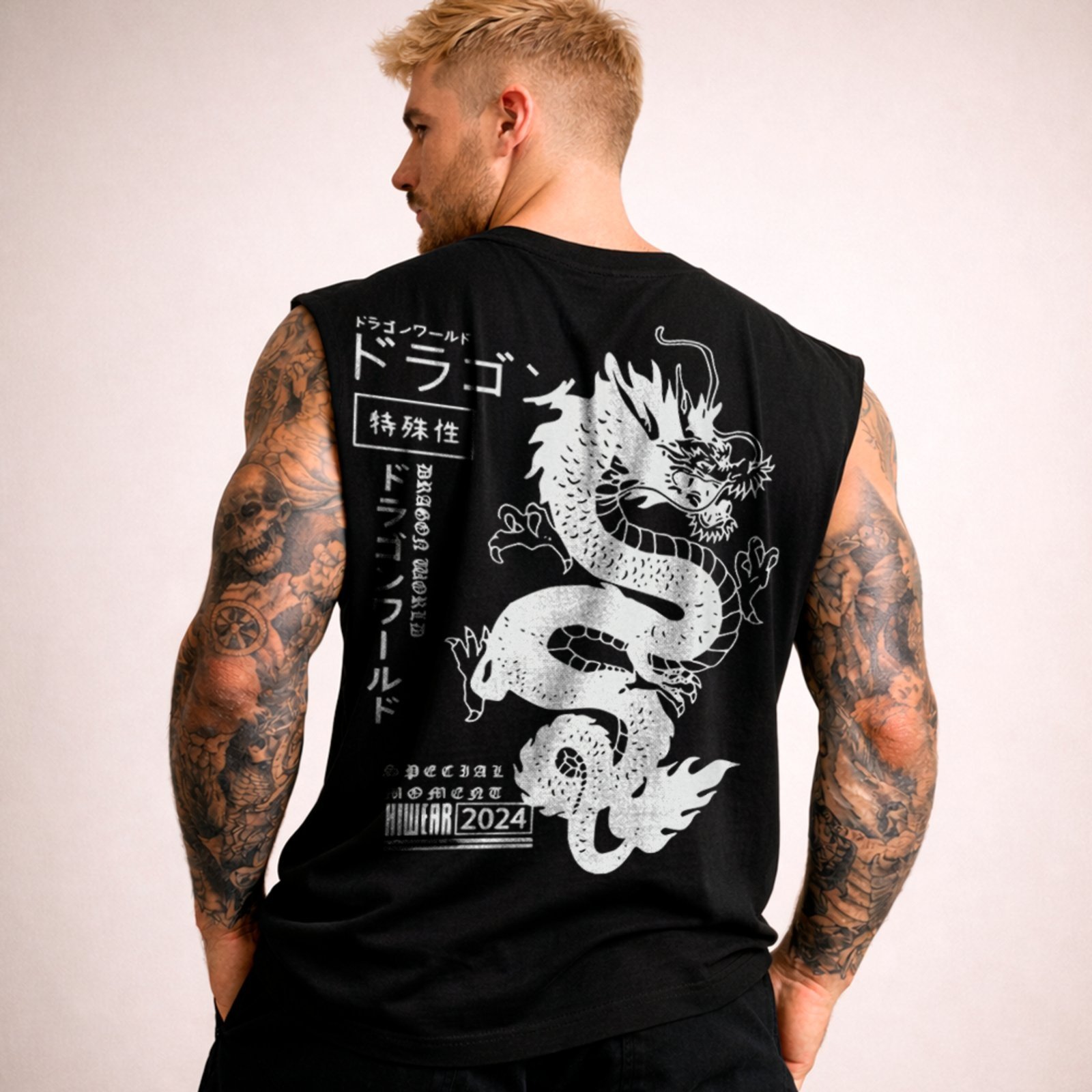 Camiseta Regata Machão Dragão Japonês Streetwear Oriental Preto