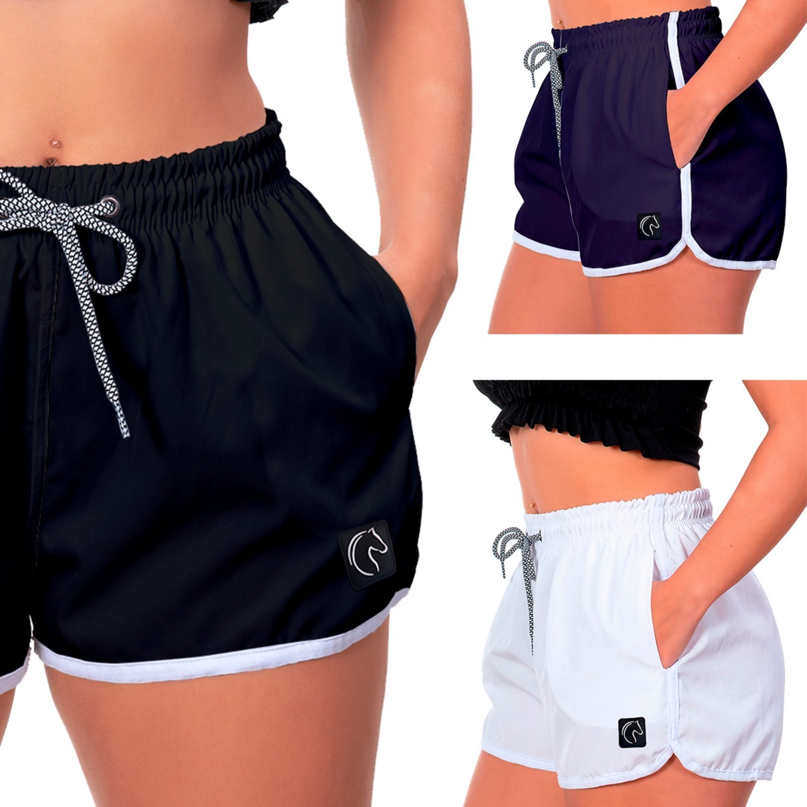 Kit 3 Shorts Feminino Premium Secagem Rápida com Elástico Cordão Ajustável e Bolsos Moda Praia Casual ou Treino Academia Preto, Azul Marinho e Branco