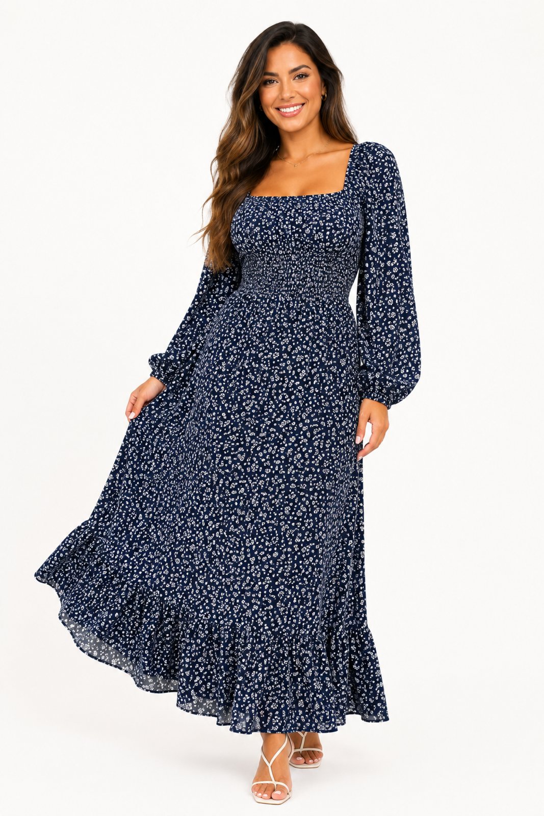 Vestido Midi D Bell Outlet Fashion Floral Azul Marinho