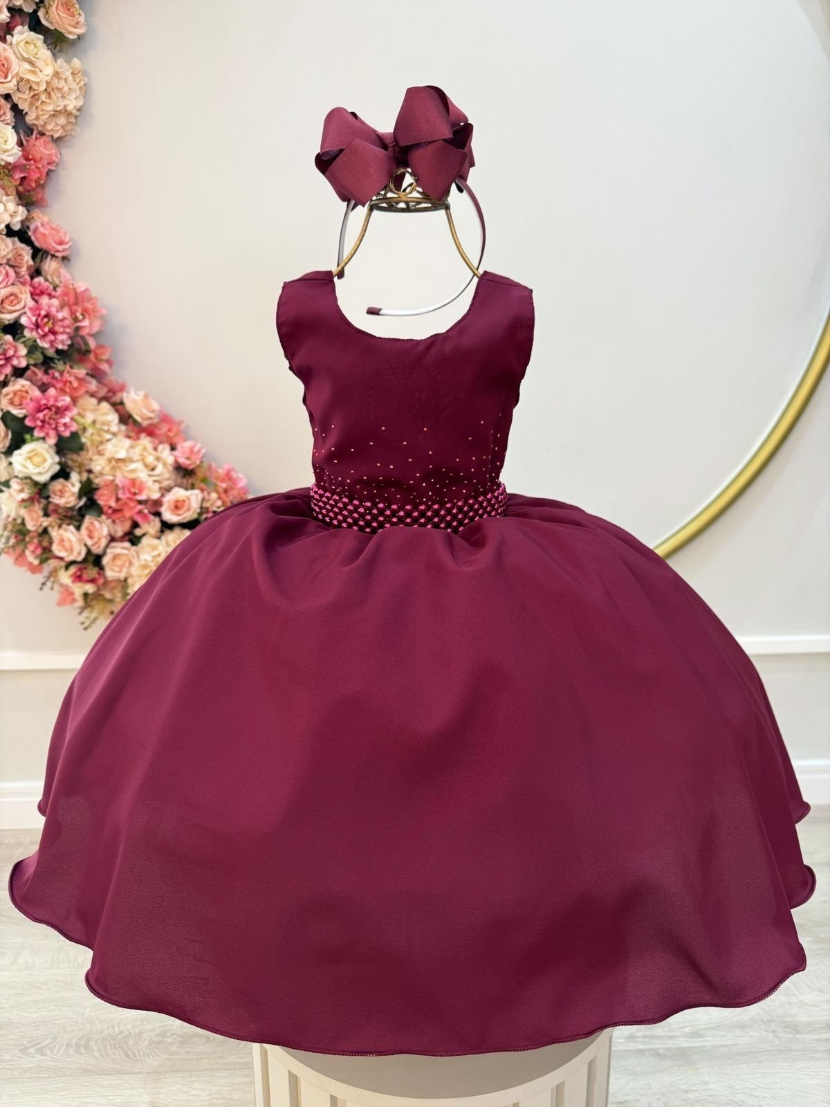 Infantil - Vestido Festa Marsala Bordô Vinho Formatura Florista Casamento Dama Daminha Social Menina Juvenil Pérolas Princesa Rodado Aniversário Luxo
