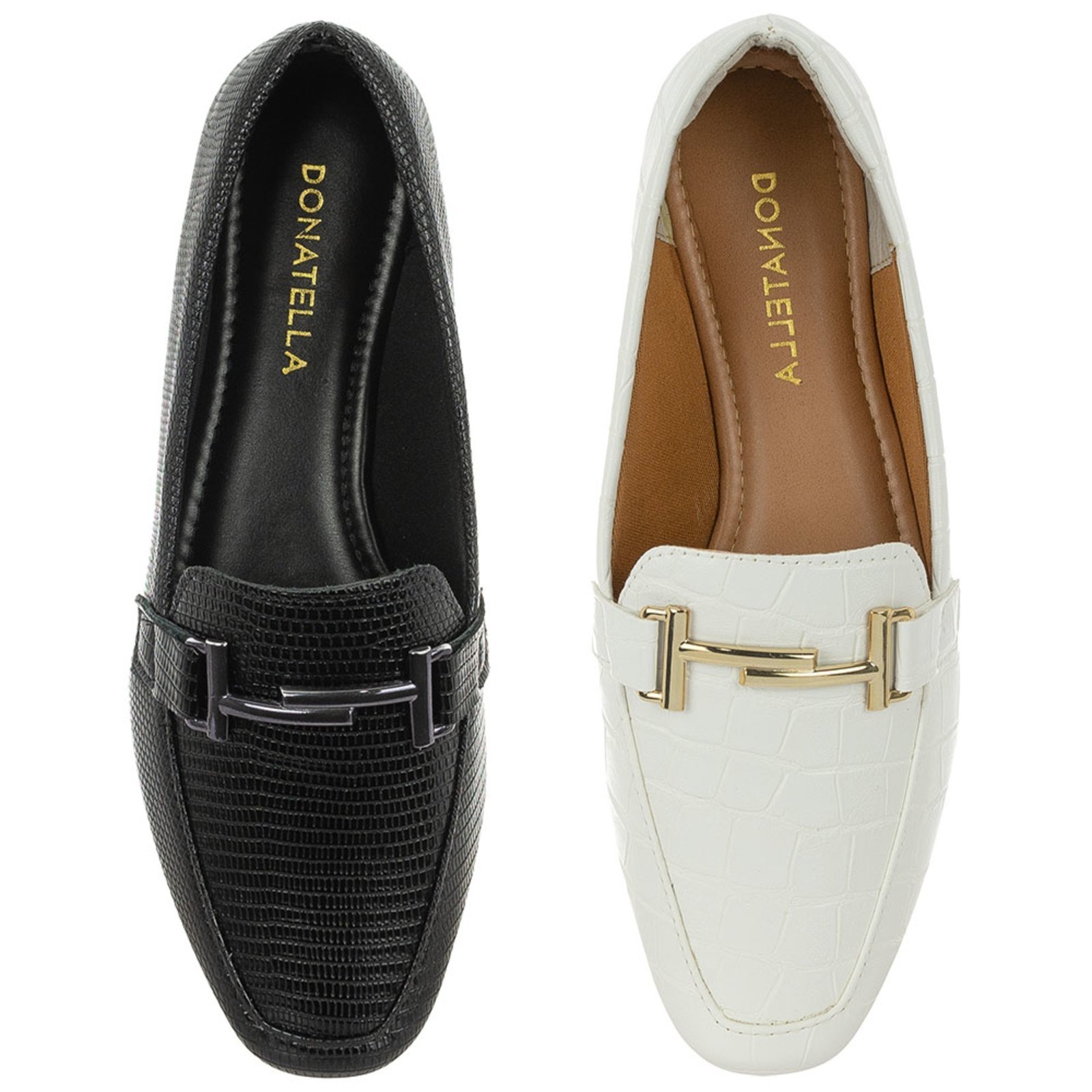 Kit 2 Pares Sapato Feminino Mocassim Donatella Shoes Bico Quadrado Confort Branco Croco e Preto