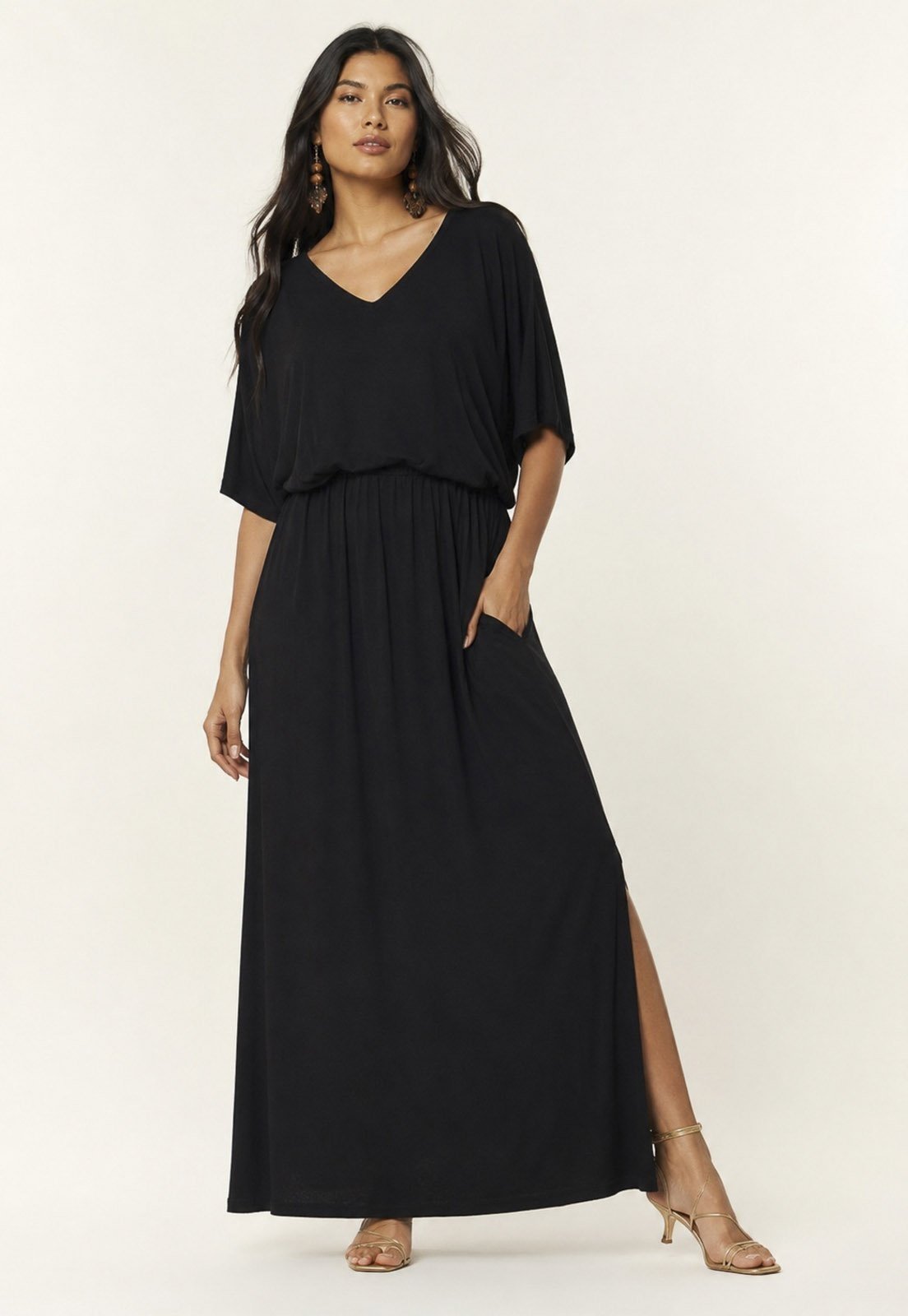 Vestido Longo Amazonia Vital Morcego Malha Preto