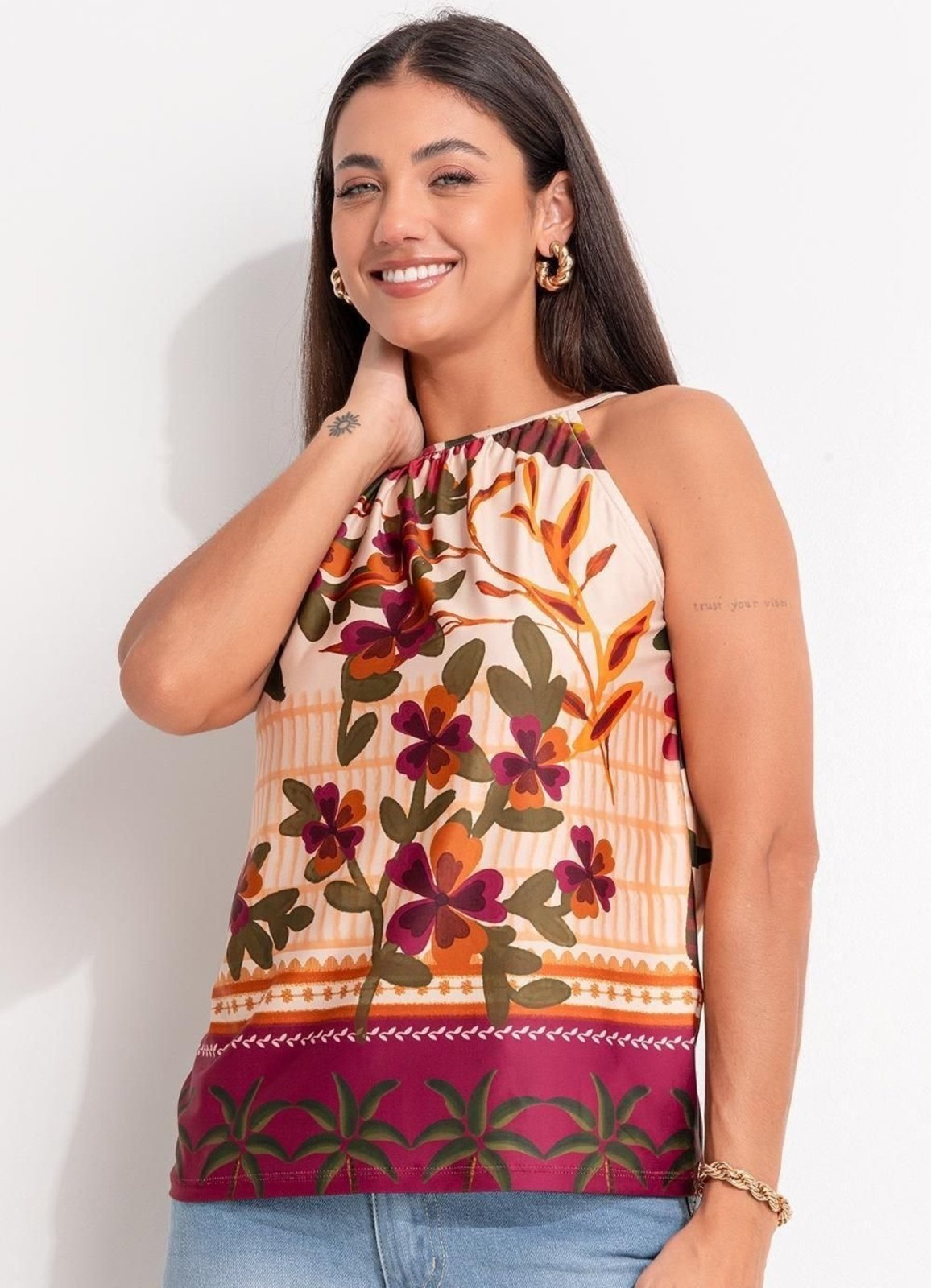 Blusa Em Malha Fria Quintess Barrado Tropical