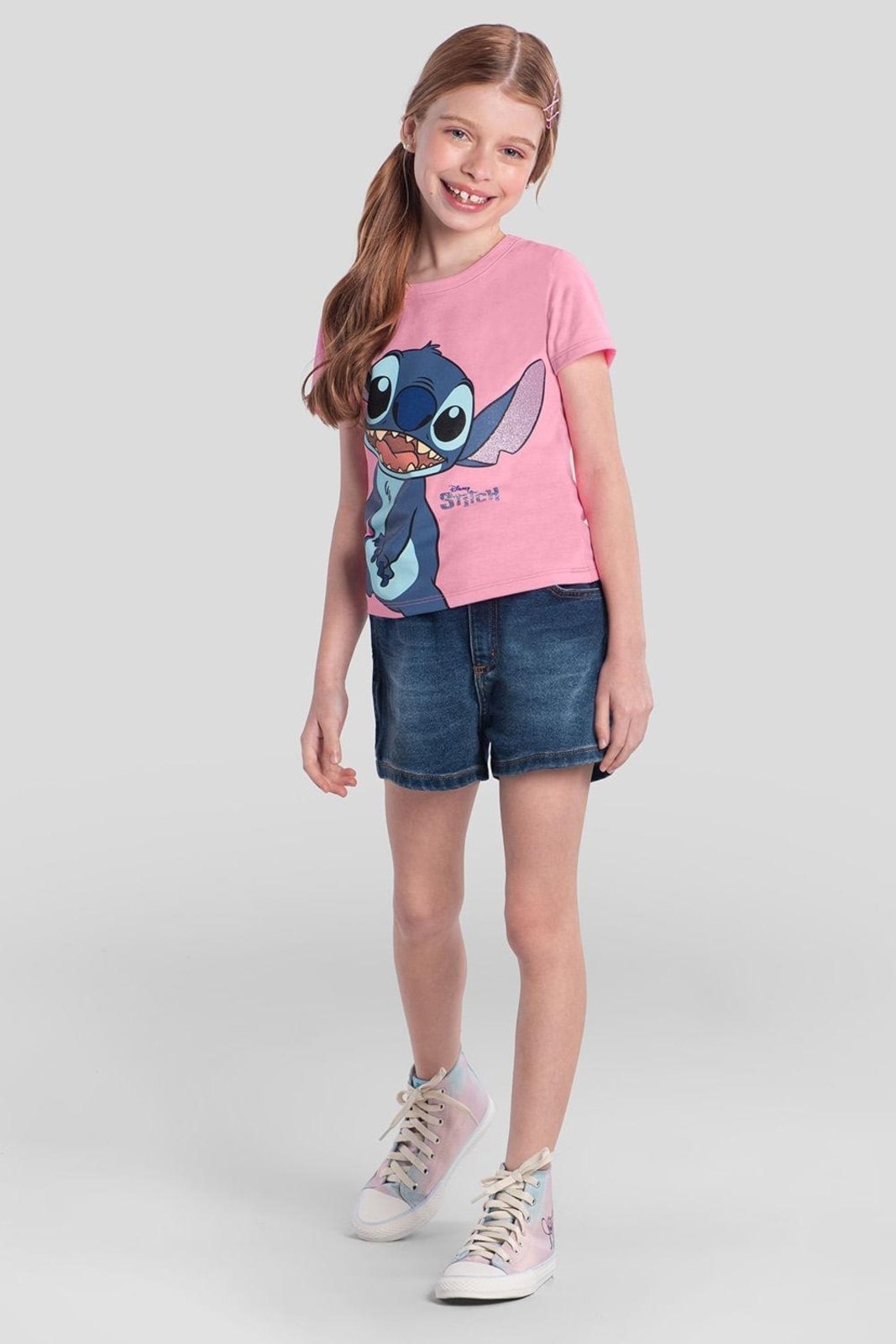 Infantil – Blusa menina brilhante do Stitch Brandili Rosa