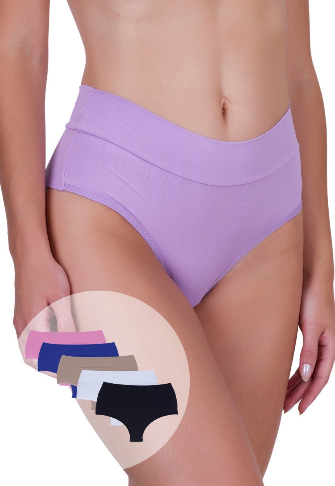 Vista 2 Kit 5 Calcinhas Femininas Super Conforto Cós Alto Fio Duplo Compressão Leve Concept Lingerie Plus Size multicolorido Concept Lingerie multicolorido