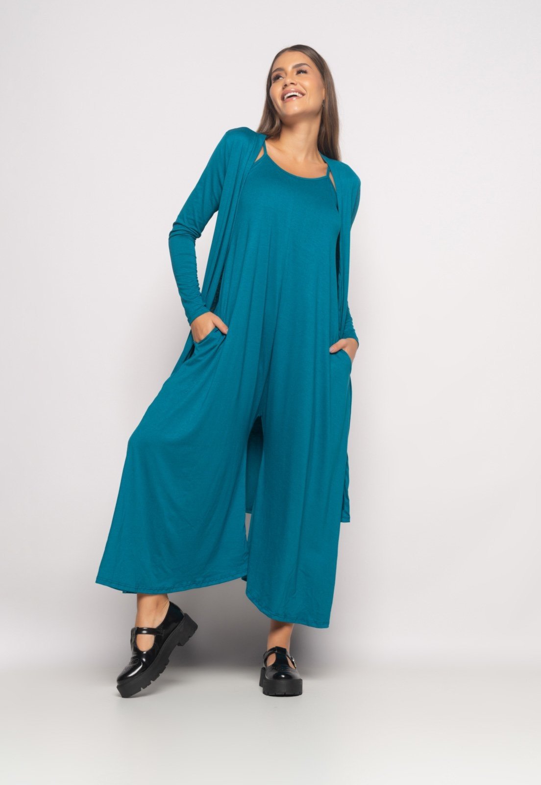 Conjunto Macacão Pantalona e Kimono Malha Salvatore Azul