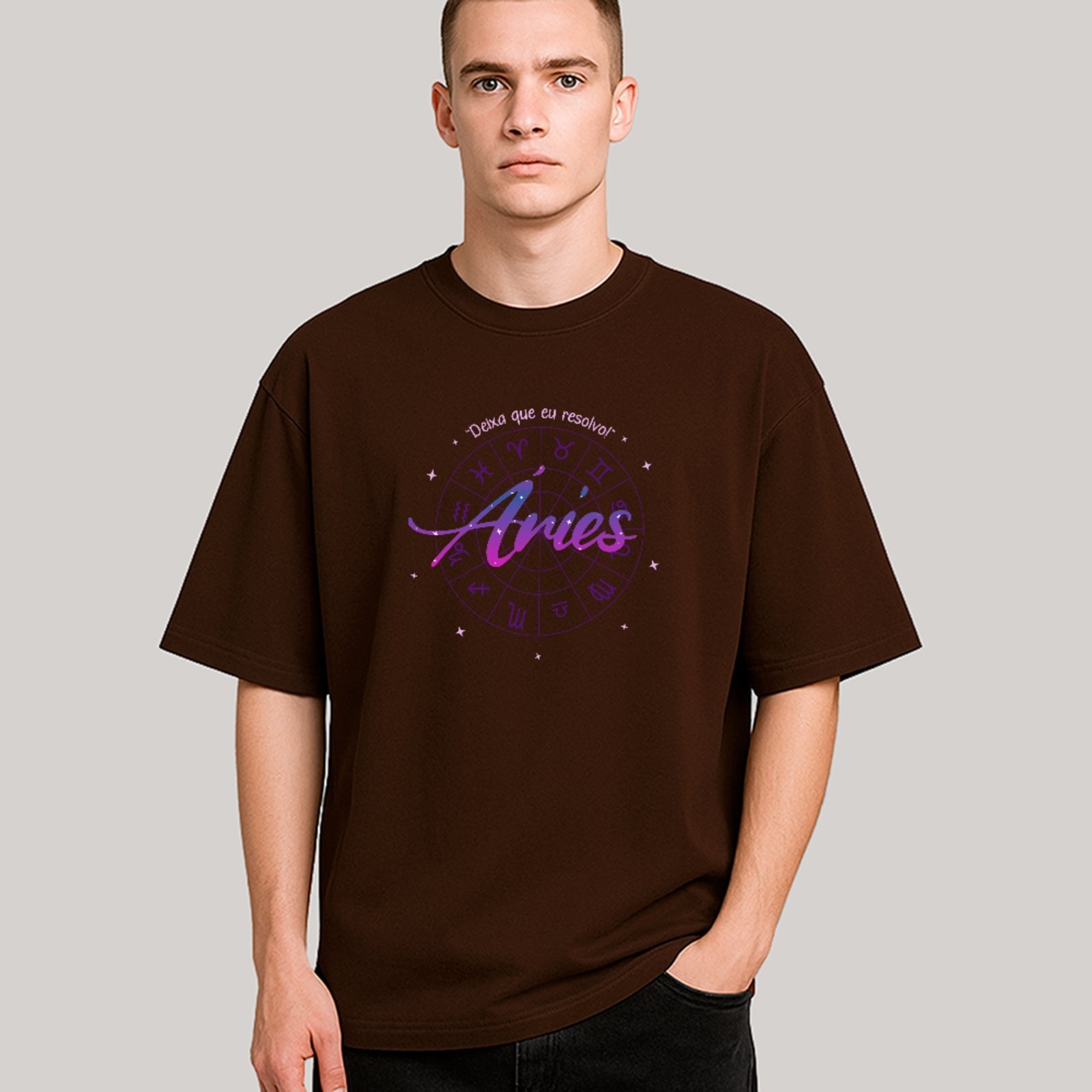 Vista 3 Camiseta Ousy Signo Áries Oversized Unissex marrom ousy marrom