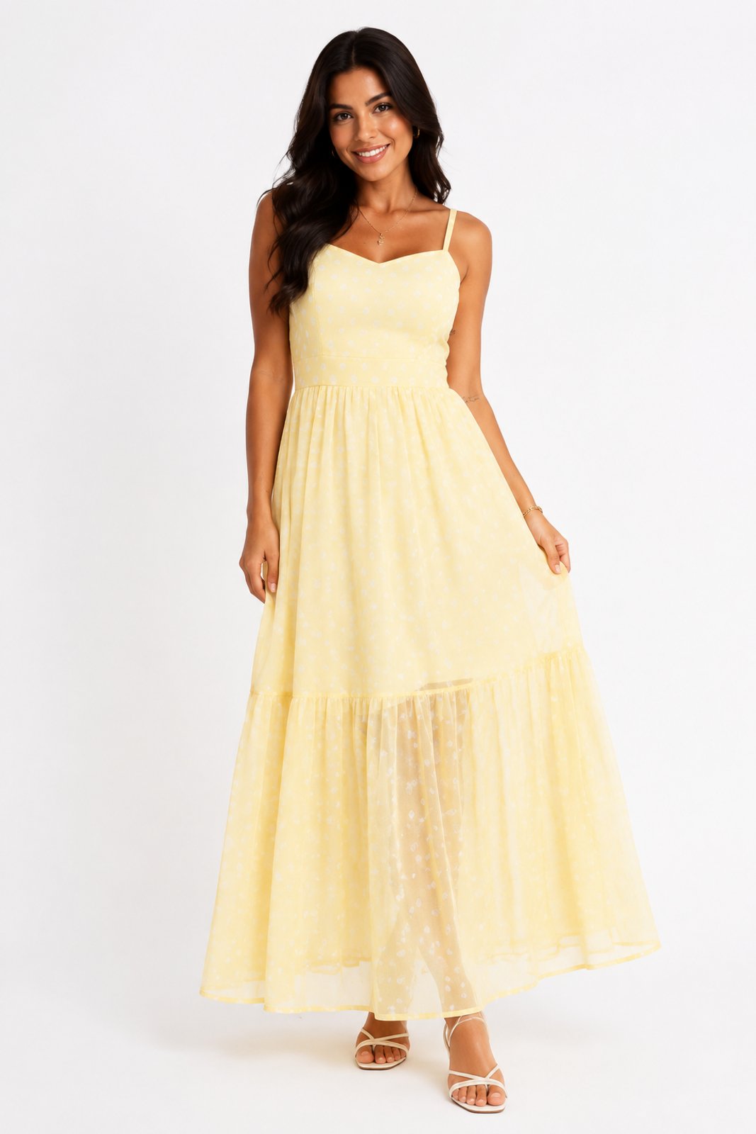 Vestido Longo D Bell Outlet Fashion De Tule Decote V Amarelo Com Bolinhas