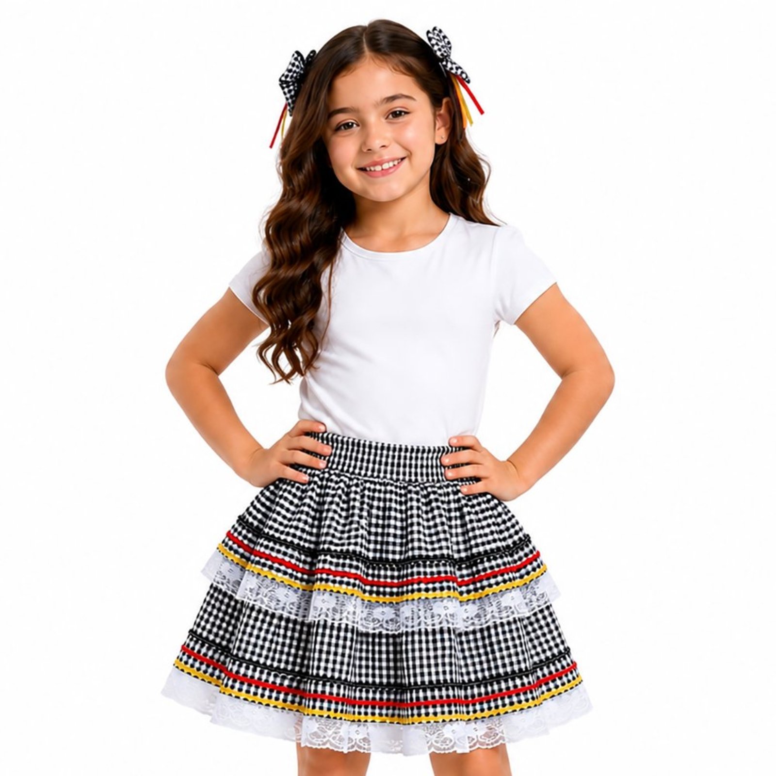 Infantil - Saia Junina Juvenil Look Jeans Babado Xadrez Preto