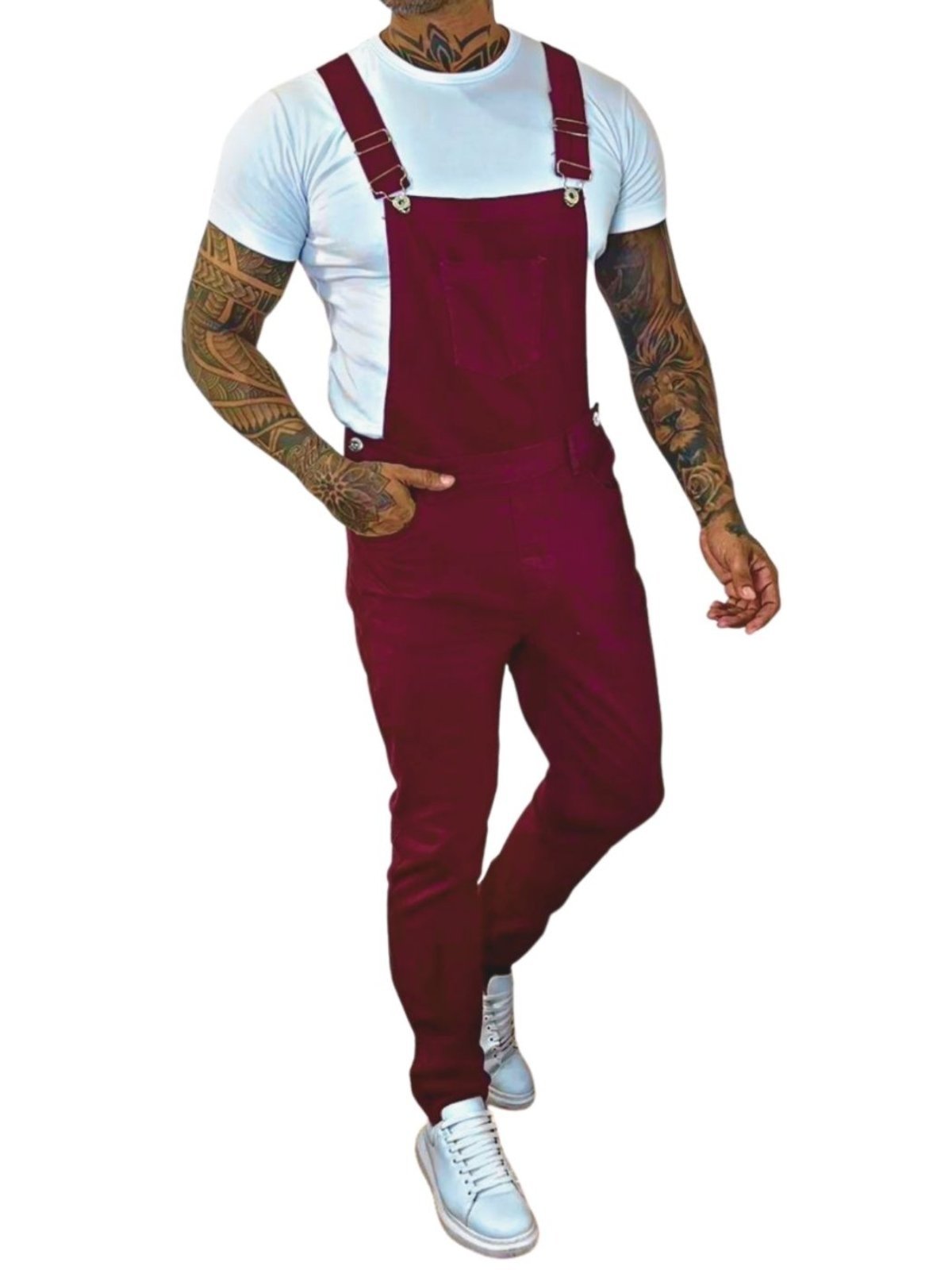 Vista 2 Jardineira Masculina Longa Com Bolsos Alleppo Jeans bordô/vinho Alleppo Jeans bordô/vinho