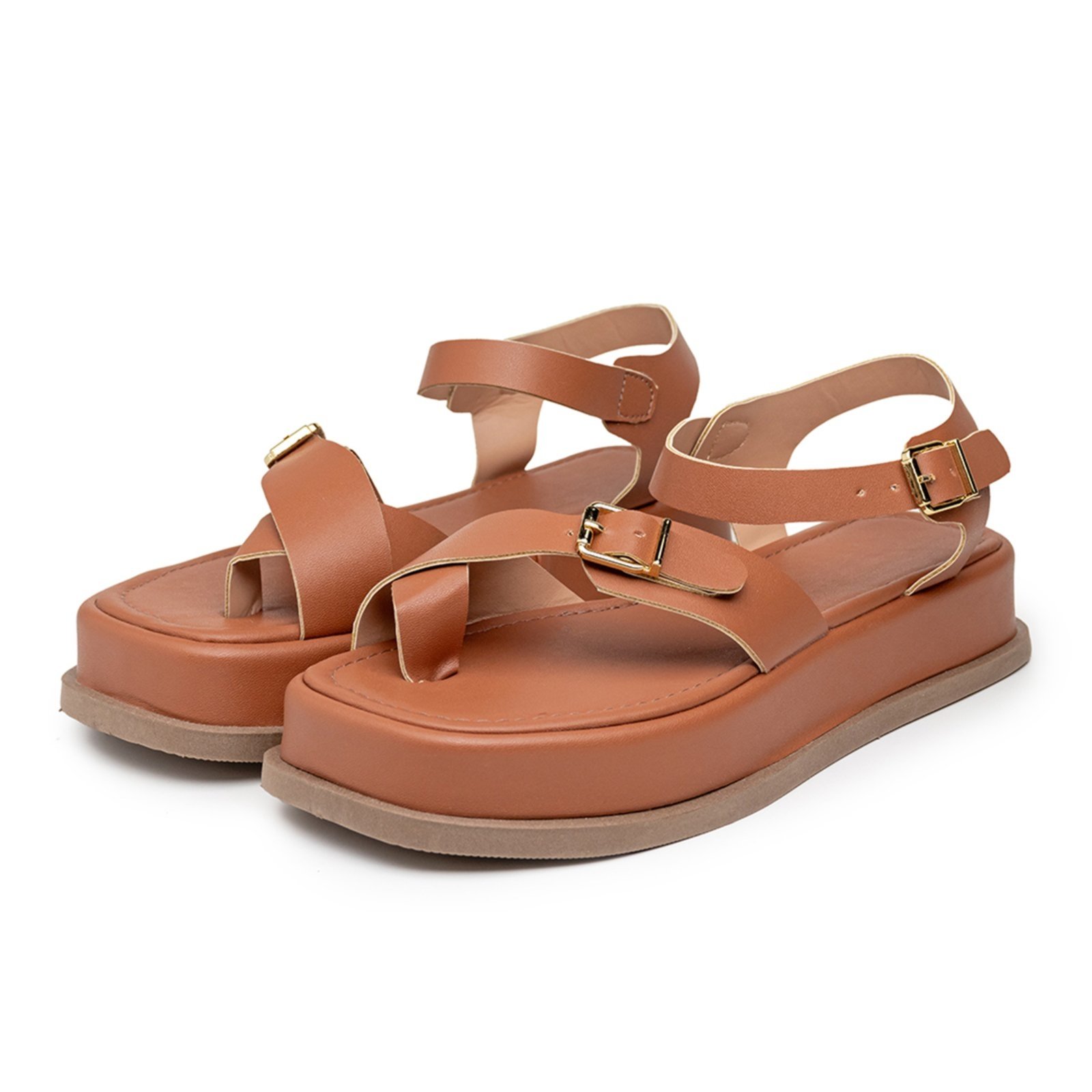 Sandália Feminina Papete Flatform Tiras Fivela 23410 Caramelo