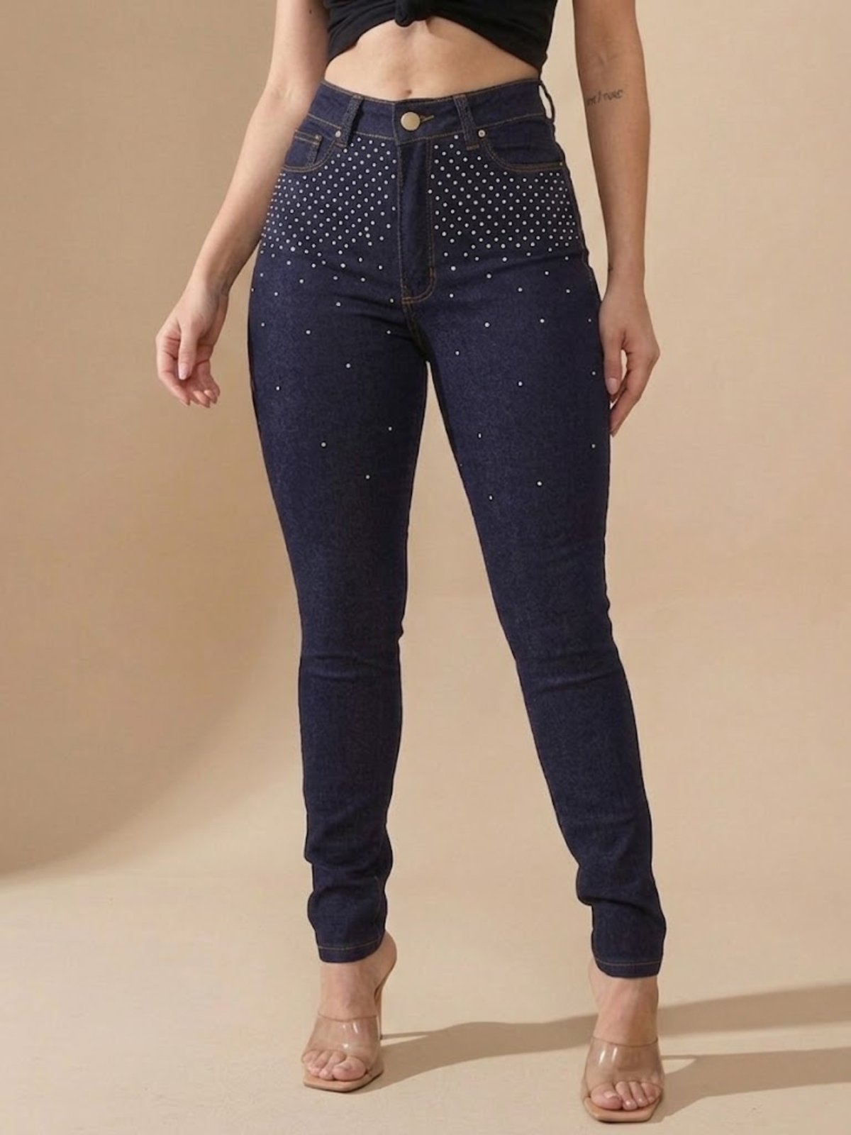 Calça Feminina Skinny Jeans Escuro Azul Levanta Bumbum Cintura Alta com Chuva de Brilho