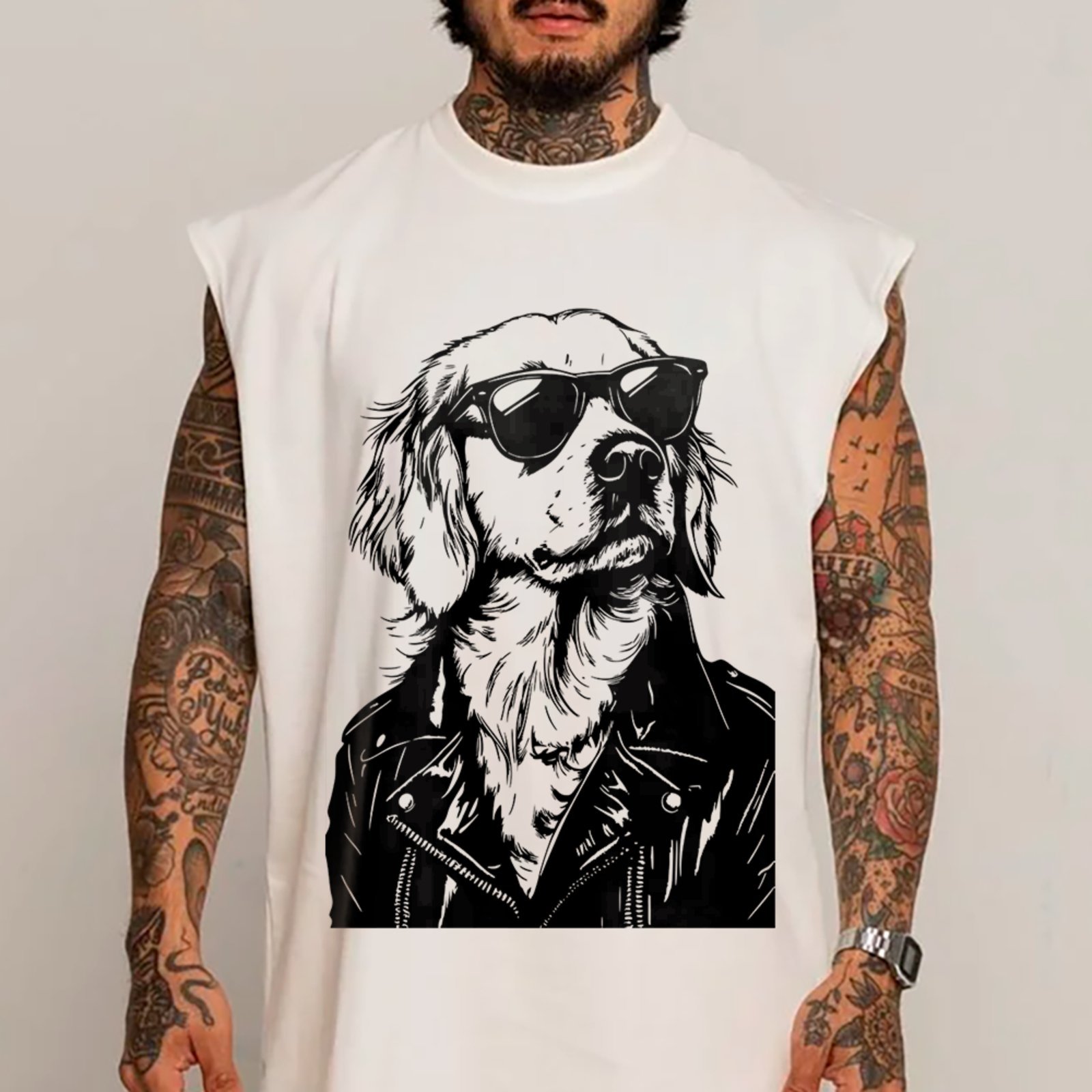 Camiseta Regata Machão Cachorro Estiloso Óculos Jaqueta Branco