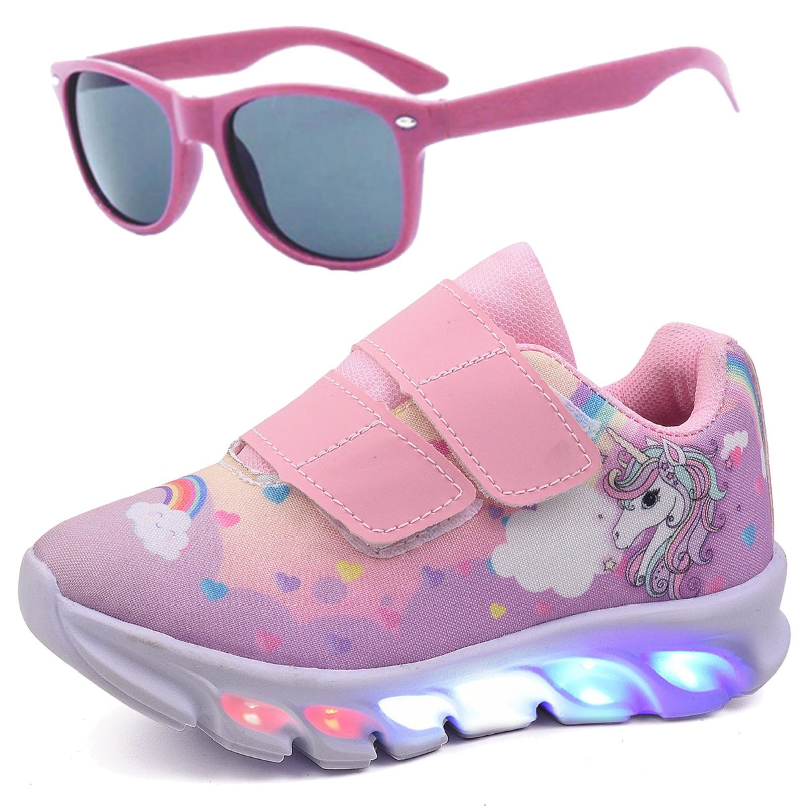 Infantil – Kit Tênis De Led Unicornio Rosa Calce Facil Personagem Meninas Óculos