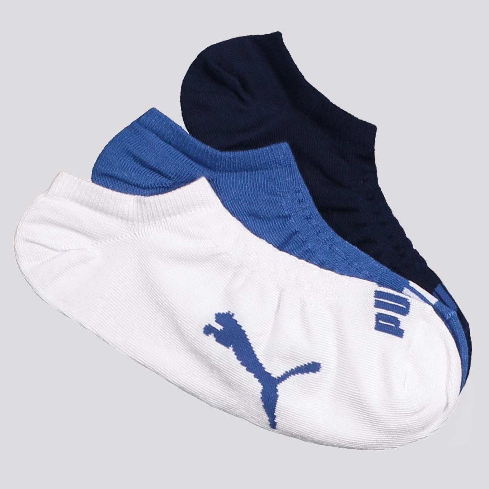 Kit Meia Puma Sapatilha 3 pares Branco Marinho e Azul