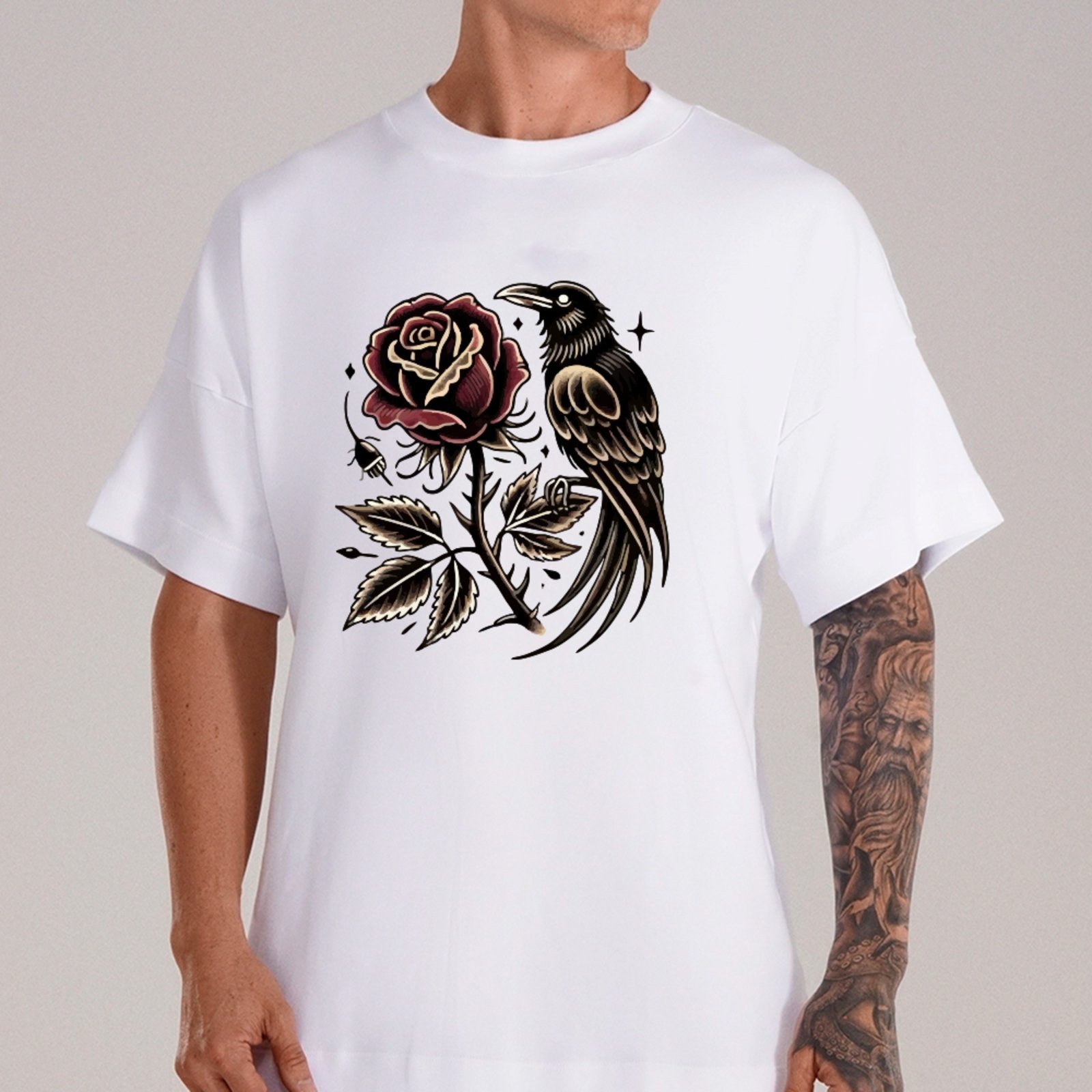 Camiseta Ousy Corvo Rosa Vermelha Oversized Unissex Branco