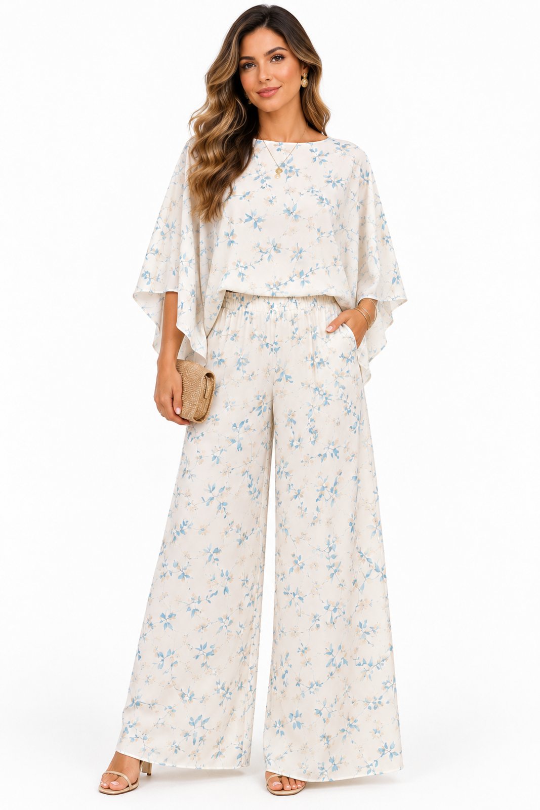 Conjunto Feminino D Bell Outlet Fashion Blusa Ampla e Calça Pantalona Off White