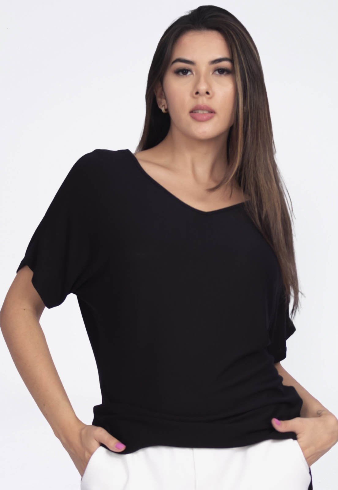 Blusa Morcego Amazonia Vital Malha Gola Canoa Manga Curta Preto