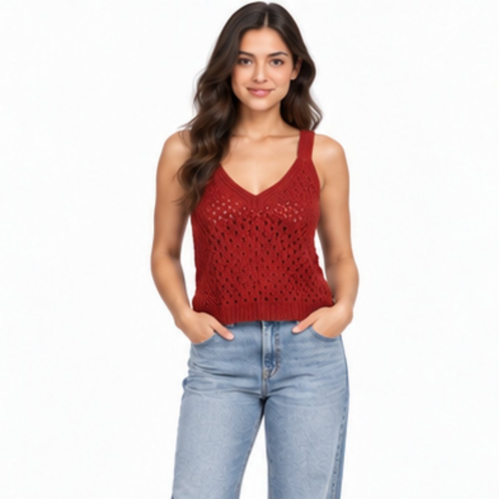Regata Feminina Tricô Furadinha Decote V Blusa de Alça Moda Verão Bordo