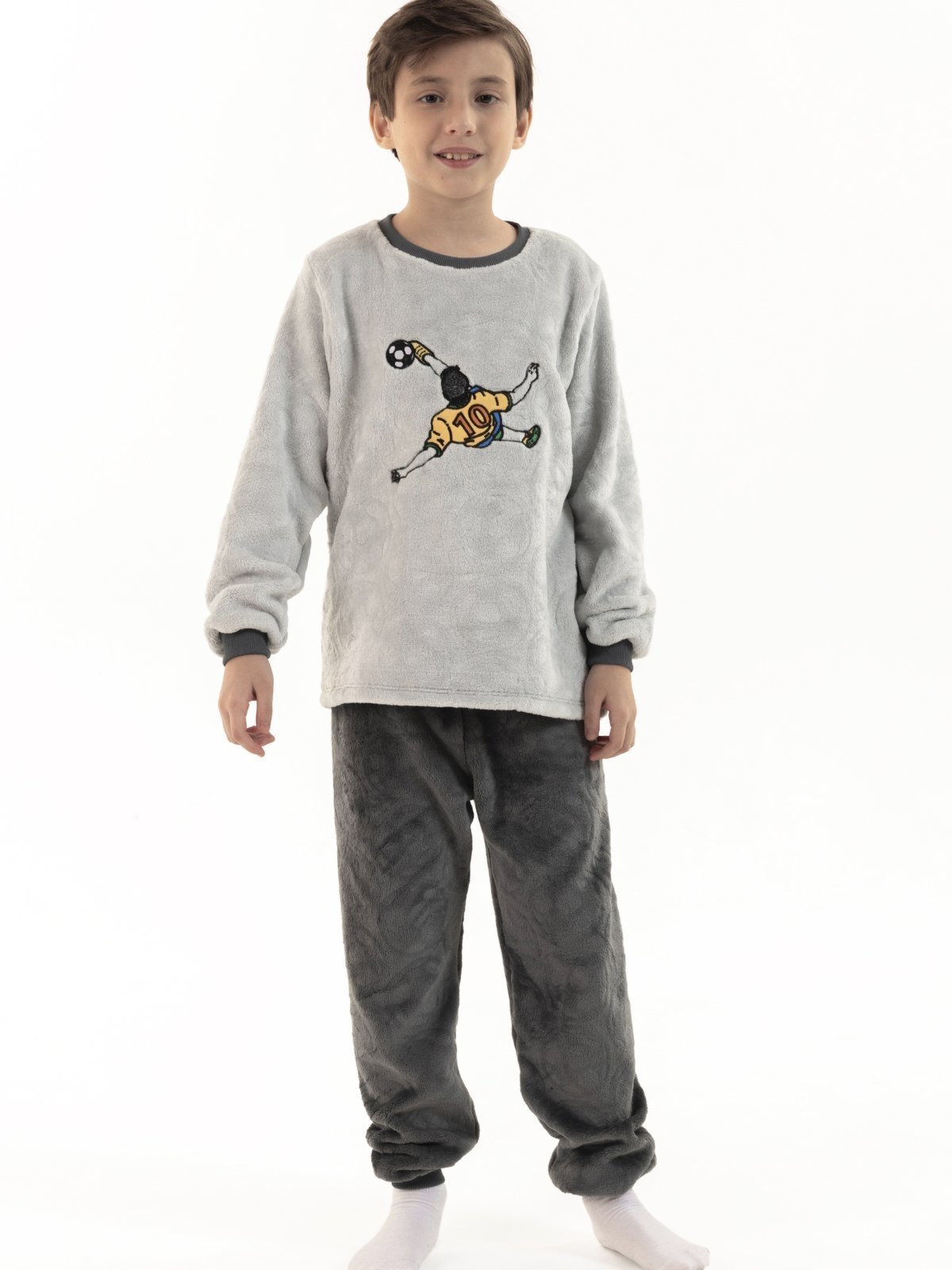 Pijama de Inverno Menino em Soft Fleece Peluciado Quentinho Futebol Cinza