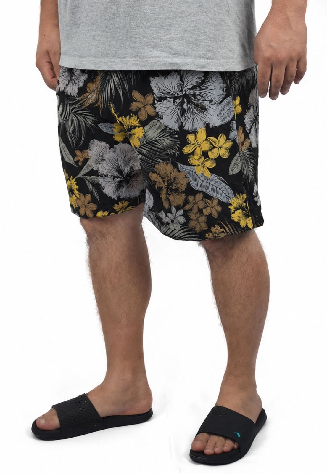 Shorts Masculina Plus Size Tactel Elastano Estampada Preto e Cáqui