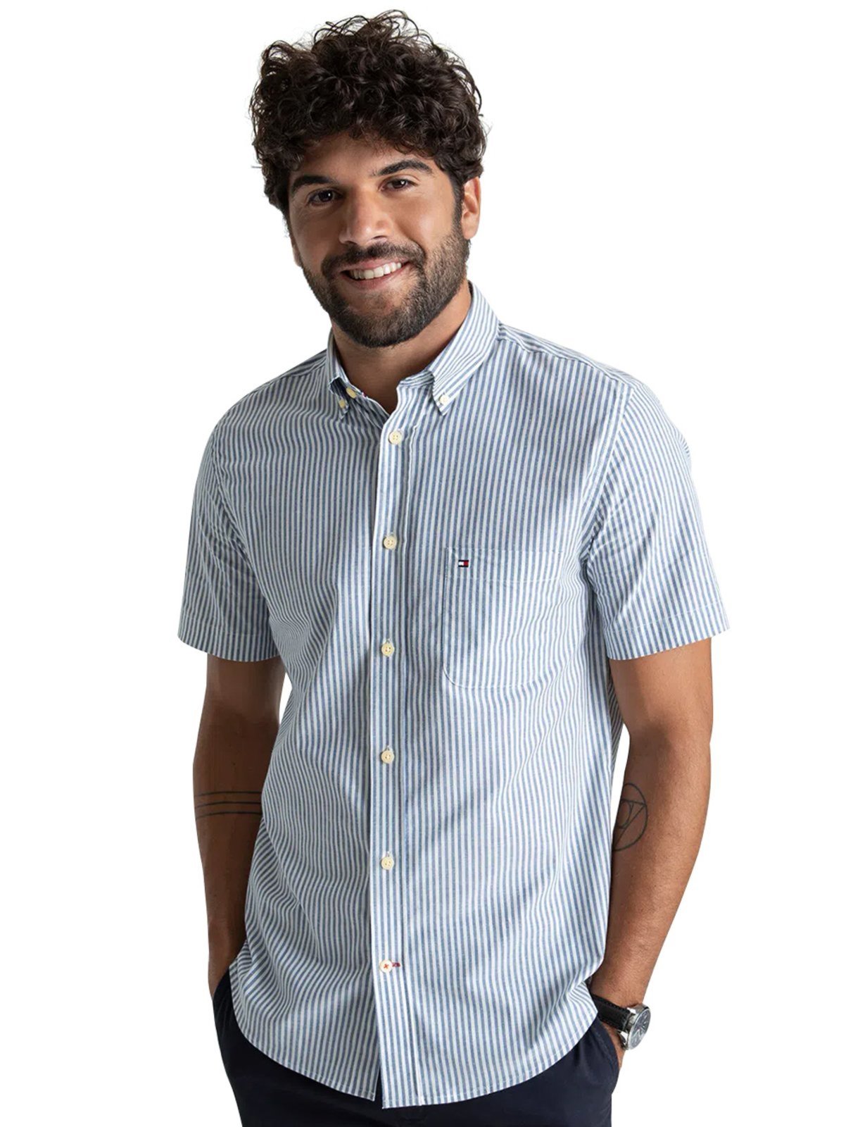 Camisa Tommy Hilfiger Masculina Manga Curta Regular Listrada Oxford Azul Médio