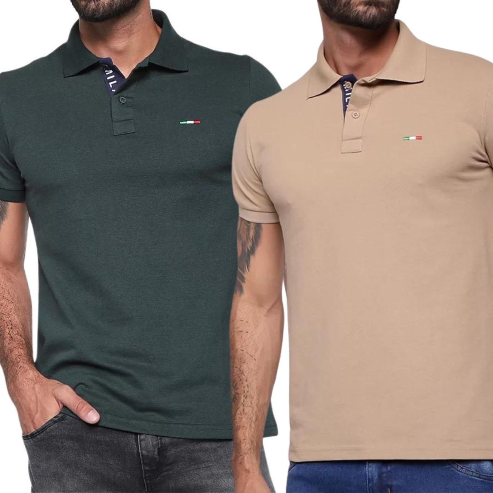 Kit 2 Polos Masculina Básicas Industrie Piquet no Estilo Tommy Bordado Itália Verde Bege