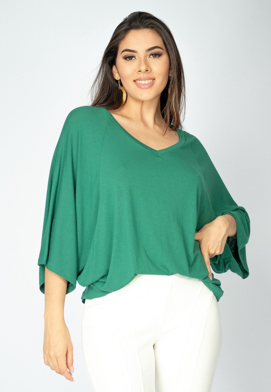 Blusa Ampla Amazonia Vital Morcego Guyrá Manga 3/4 Malha Verde Esmeralda