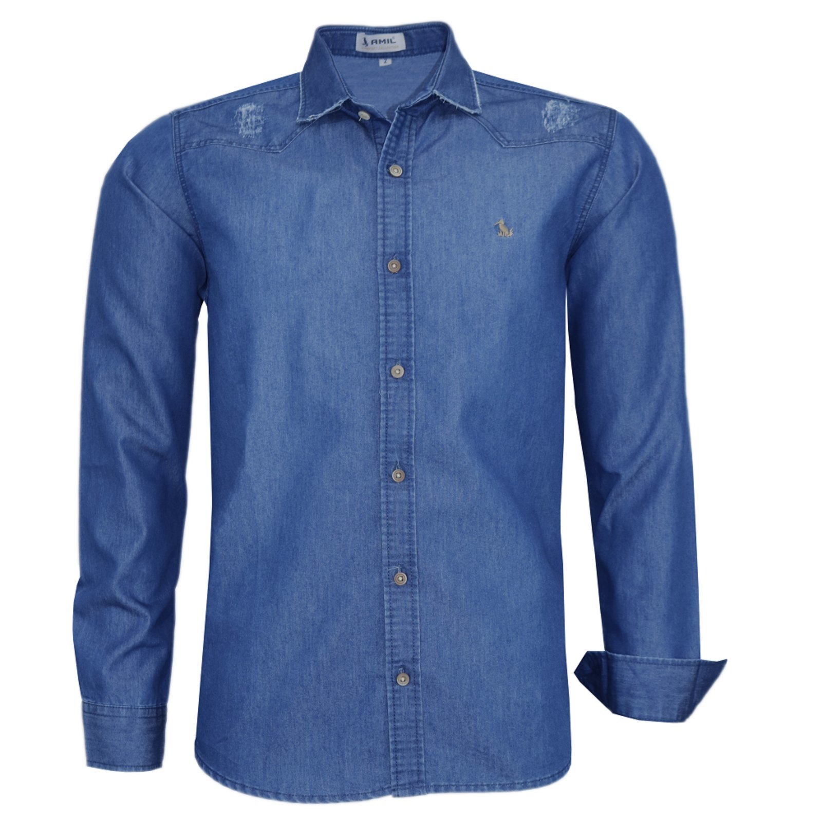 Camisa Jeans Social Manga Longa Original Amil Marinho