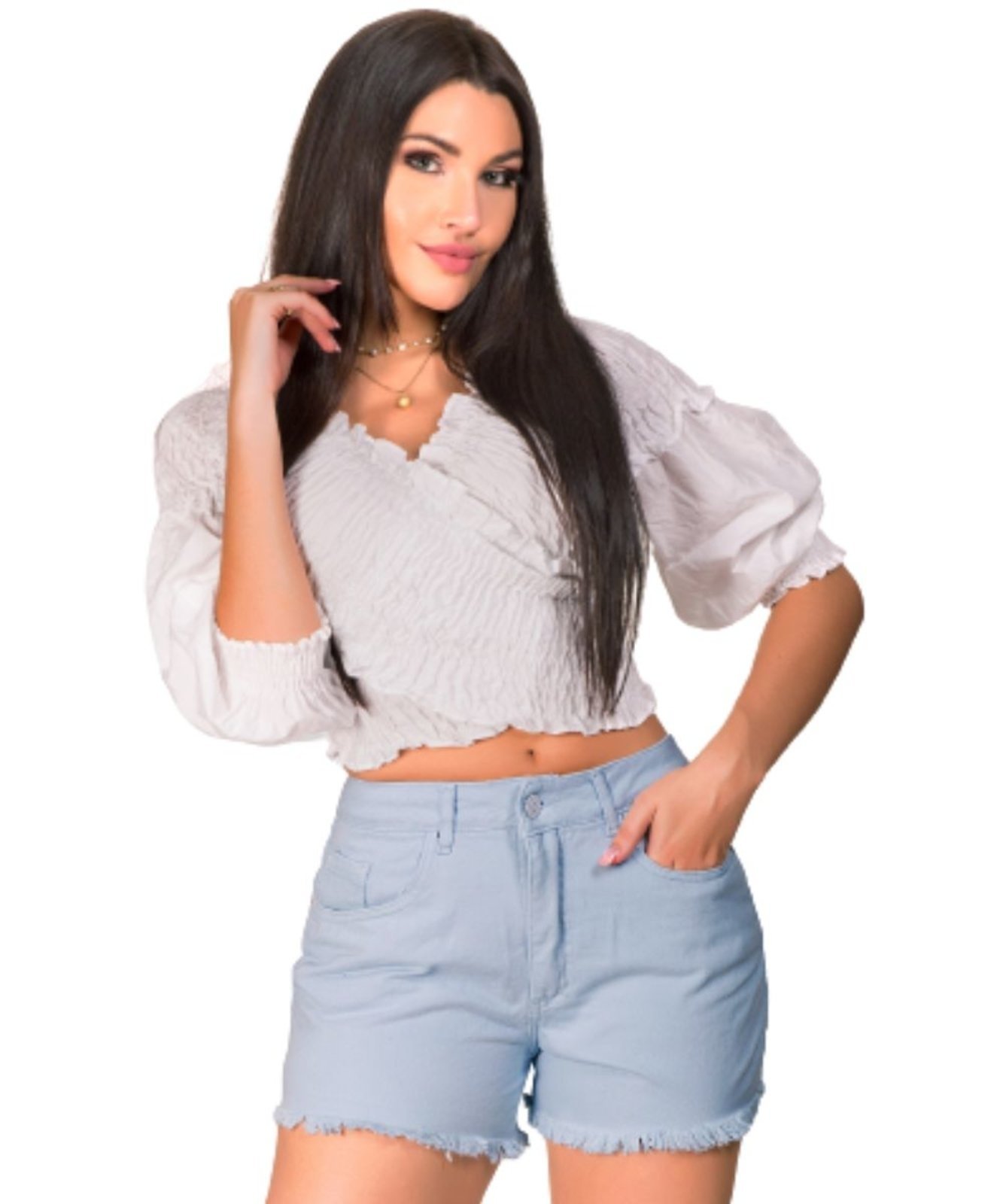 Shorts Feminino Sarja Com Barra Desfiada Baby Blue Razon Jeans Azul Claro